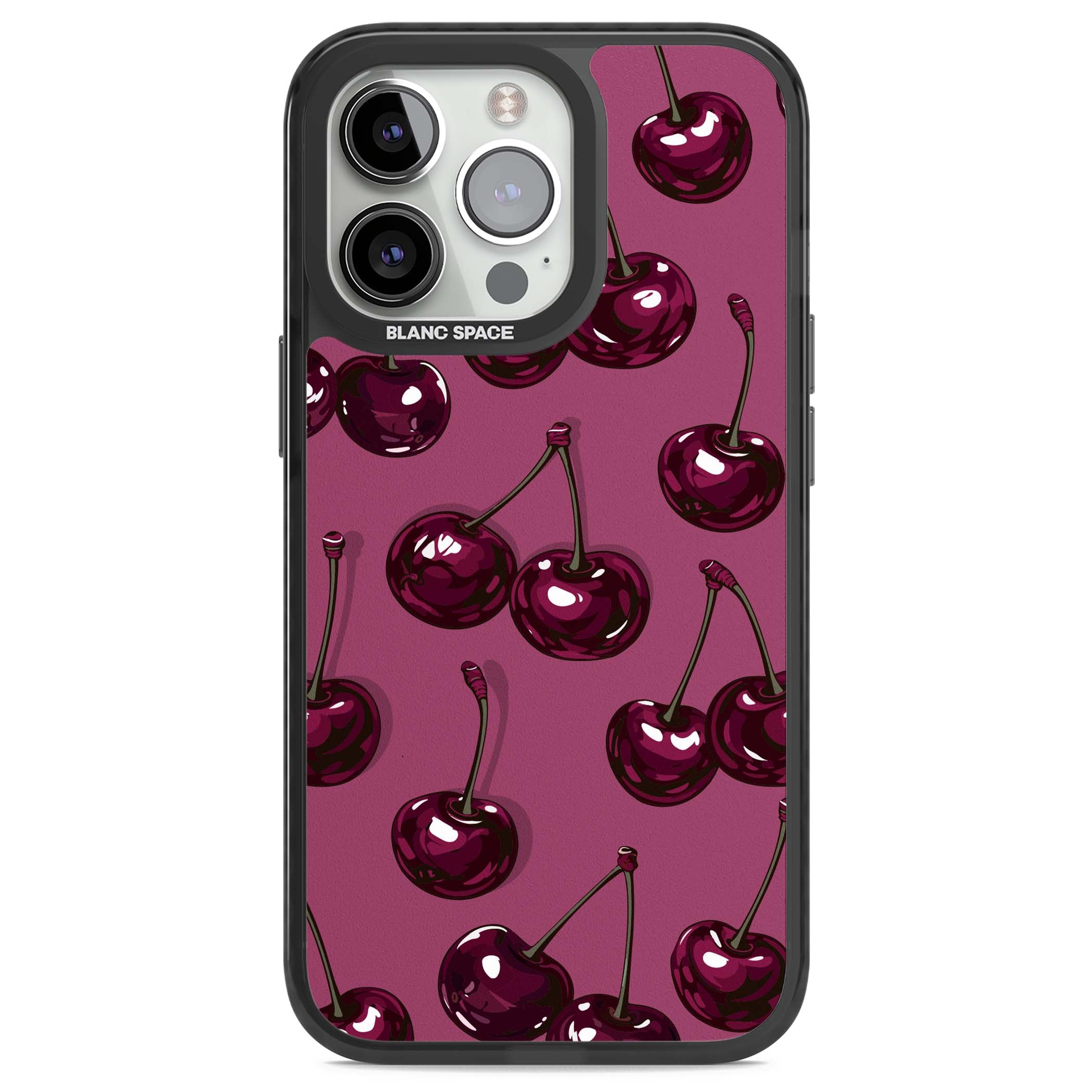 Cherry Soda coquette iPhone case featuring glossy burgundy cherries on a dusty pink background | Black Impact case for iPhone 13 Pro, iPhone 14 Pro, iPhone 15 Pro