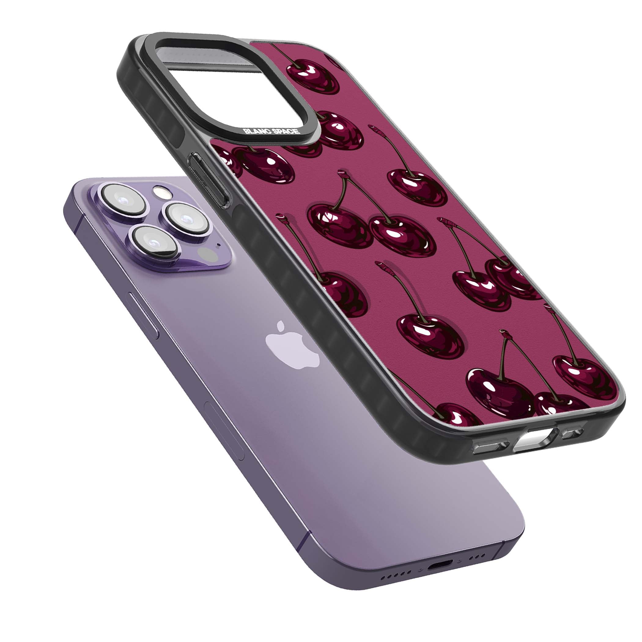 Cherry Soda coquette iPhone case featuring glossy burgundy cherries on a dusty pink background | Black Impact case for iPhone 13 Pro, iPhone 14 Pro, iPhone 15 Pro