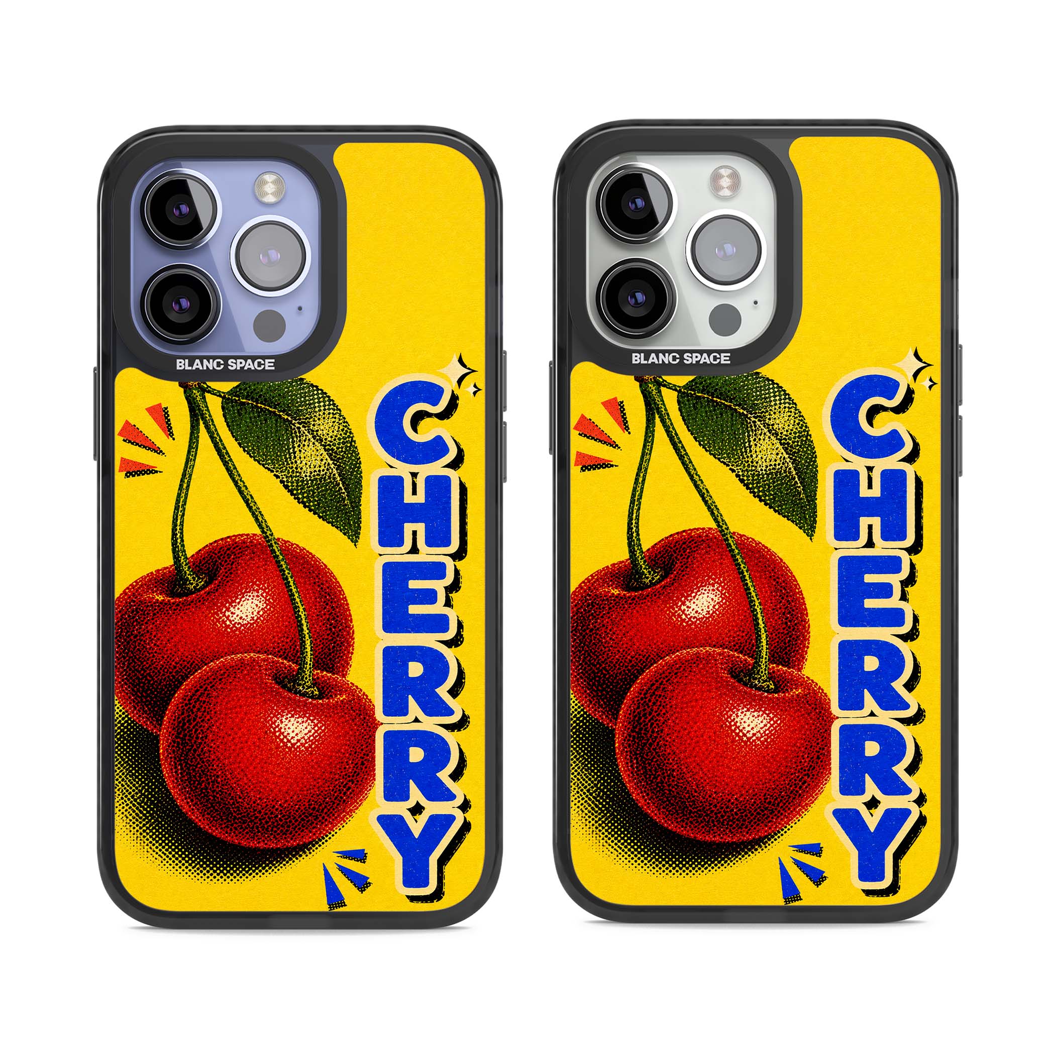 Cherry Yellow y2k iPhone case featuring two red cherries, halftone shading and bold blue CHERRY lettering on yellow | Black Impact case for iPhone 13 Pro, iPhone 14 Pro, iPhone 15 Pro