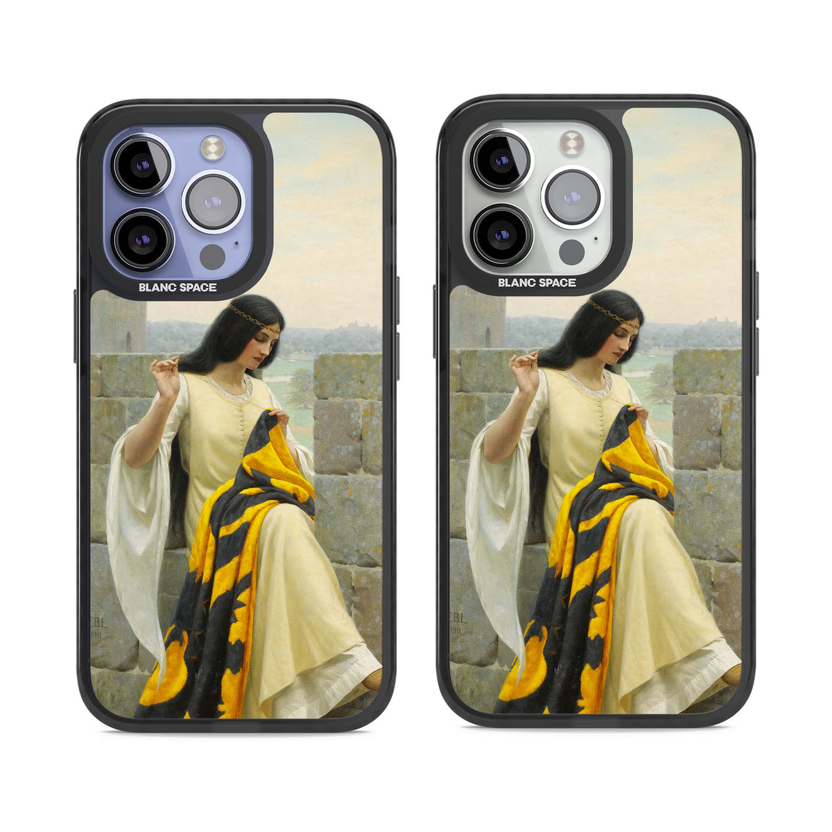 Stitching the Standard renaissance art iPhone case featuring a medieval lady sewing a golden banner on a castle wall | Black Impact case for iPhone 13 Pro, iPhone 14 Pro, iPhone 15 Pro