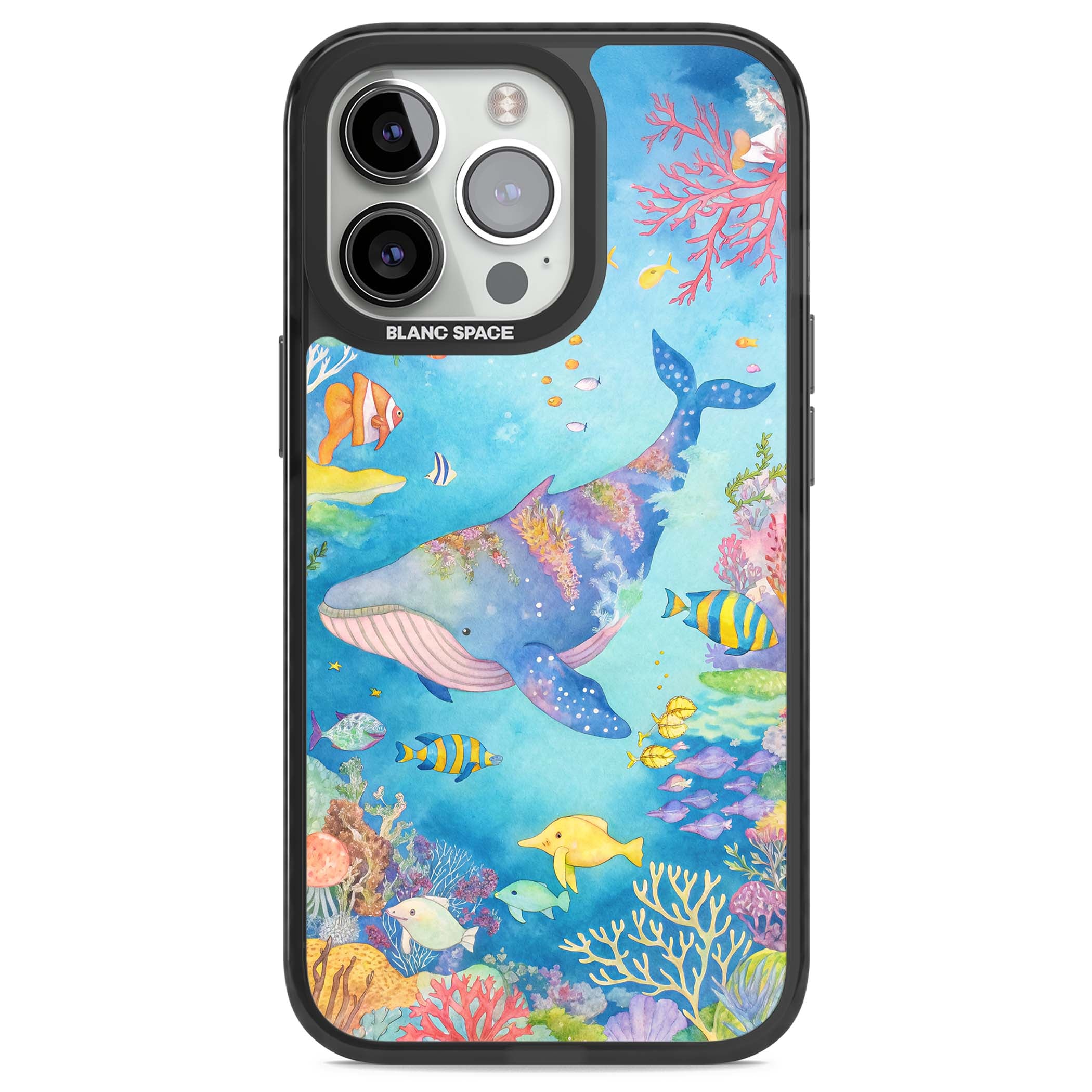 Coral Lagoon ocean iPhone case featuring a watercolour whale, coral reef and tropical fish | Black Impact case for iPhone 13 Pro, iPhone 14 Pro, iPhone 15 Pro