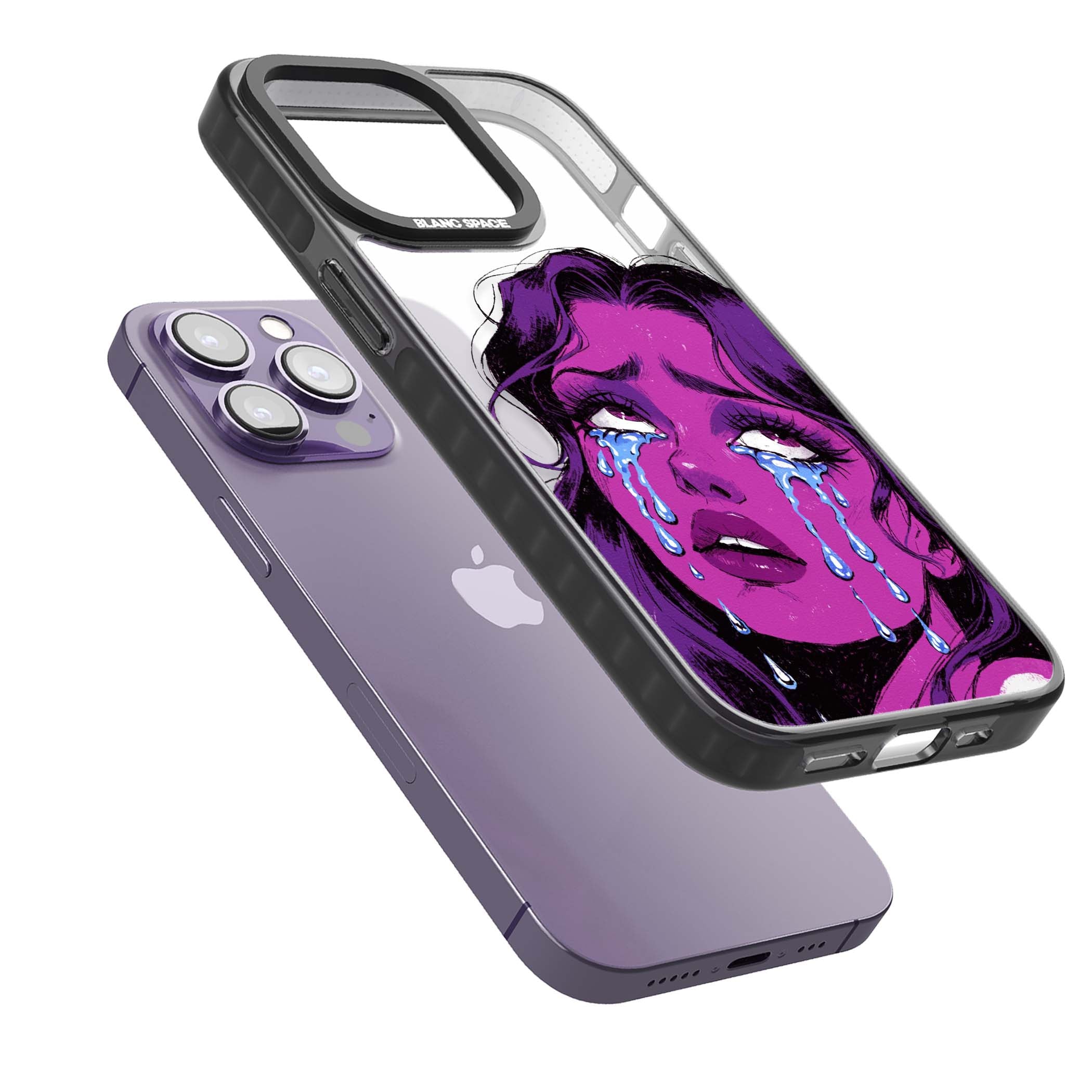 Drama Queen pop art iPhone case featuring a purple crying comic girl with blue tears | Black Impact case for iPhone 13 Pro, iPhone 14 Pro, iPhone 15 Pro