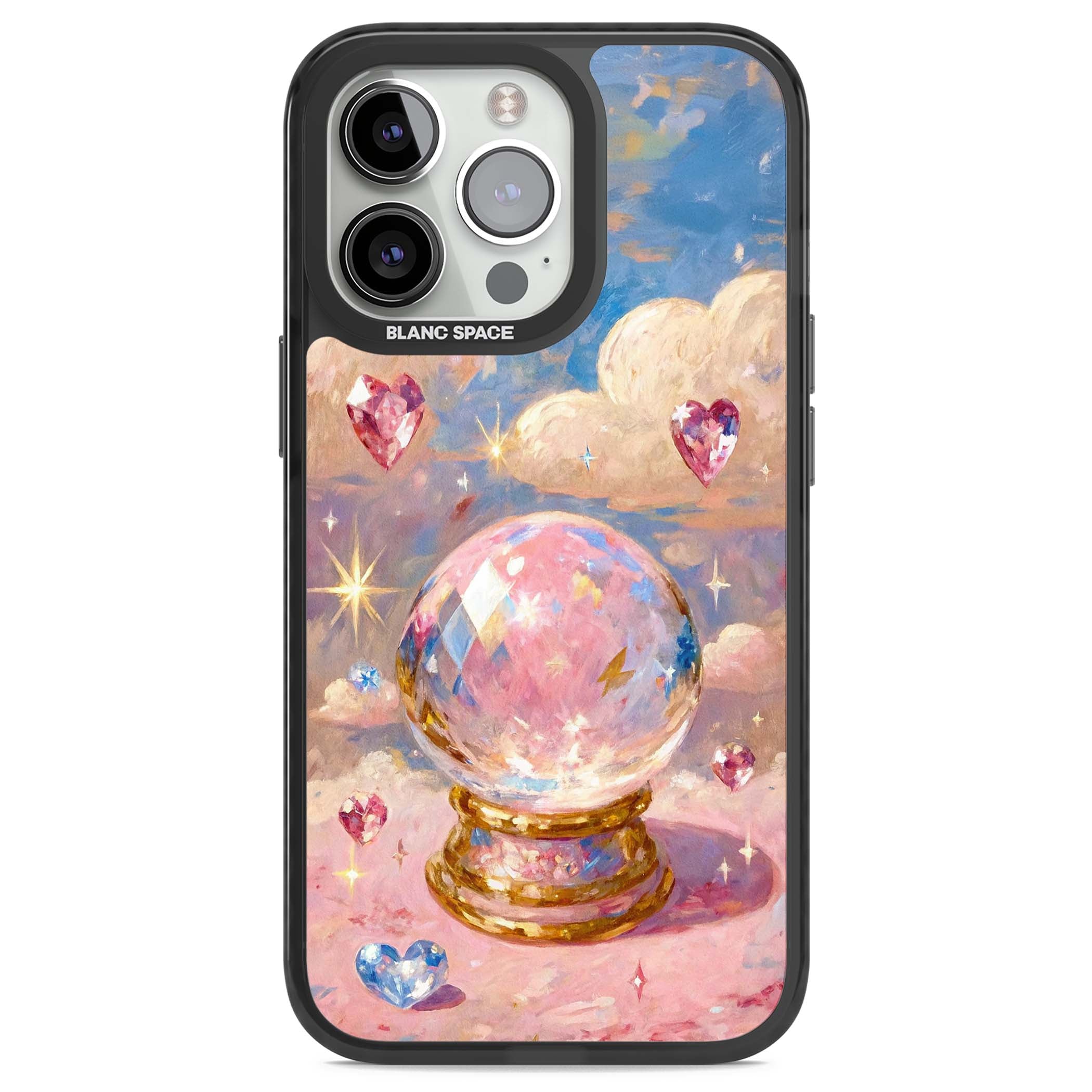 Crystal Ball fairycore iPhone case featuring a painted crystal ball, heart gemstones, and pastel clouds | Black Impact case for iPhone 13 Pro, iPhone 14 Pro, iPhone 15 Pro