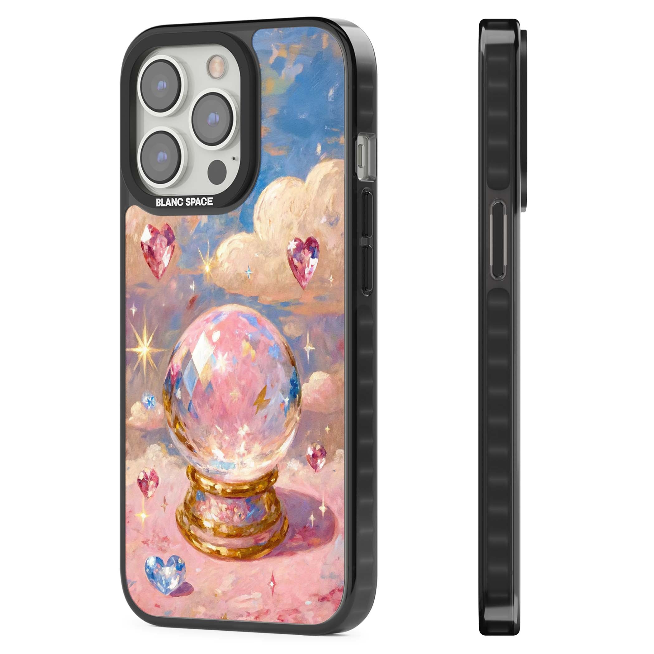 Crystal Ball fairycore iPhone case featuring a painted crystal ball, heart gemstones, and pastel clouds | Black Impact case for iPhone 13 Pro, iPhone 14 Pro, iPhone 15 Pro