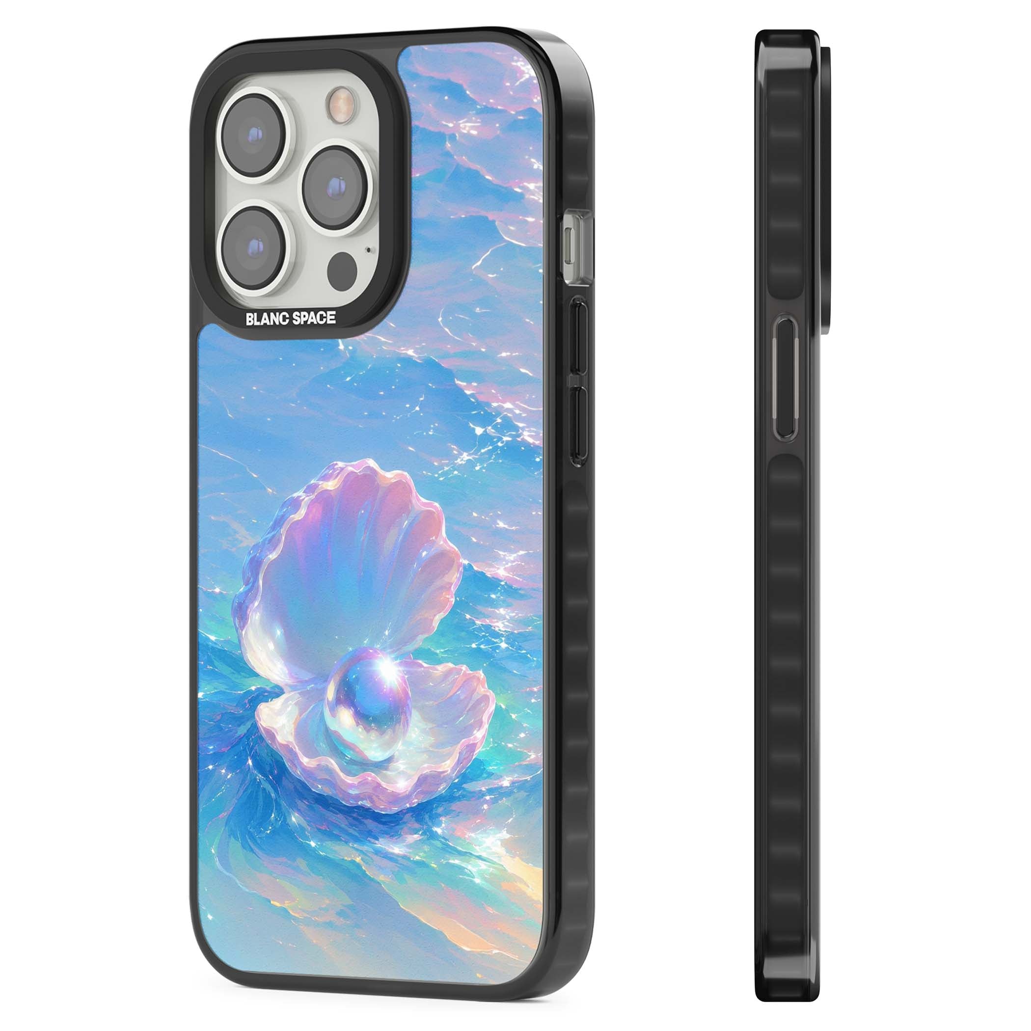 The Pearl Clam mermaidcore iPhone case featuring iridescent seashell, glowing pearl and pastel ocean waves | Black Impact case for iPhone 13 Pro, iPhone 14 Pro, iPhone 15 Pro