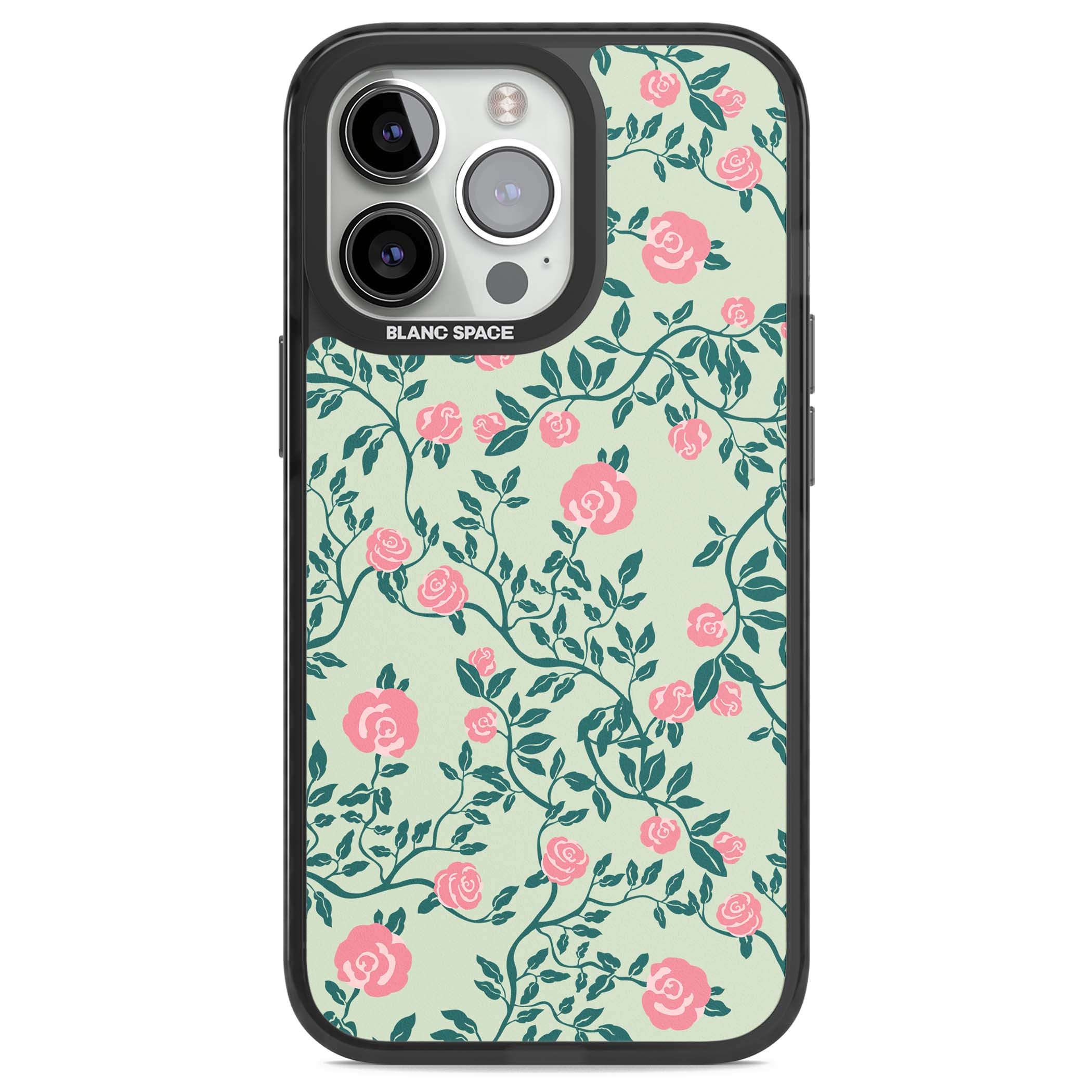 Rose Trellis cottagecore iPhone case featuring pink roses, sage green vines, and mint background | Black Impact case for iPhone 13 Pro, iPhone 14 Pro, iPhone 15 Pro