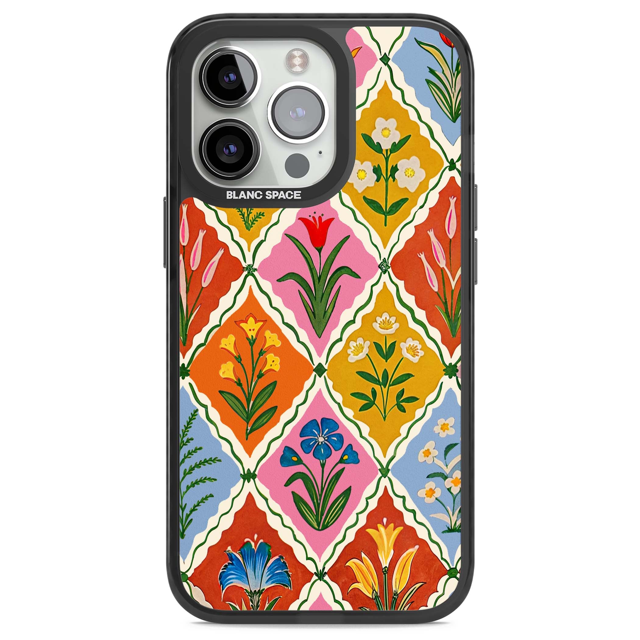 Floral Quilt boho floral iPhone case featuring diamond lattice pattern, hand-painted tulips and folk art wildflowers | Black Impact case for iPhone 13 Pro, iPhone 14 Pro, iPhone 15 Pro