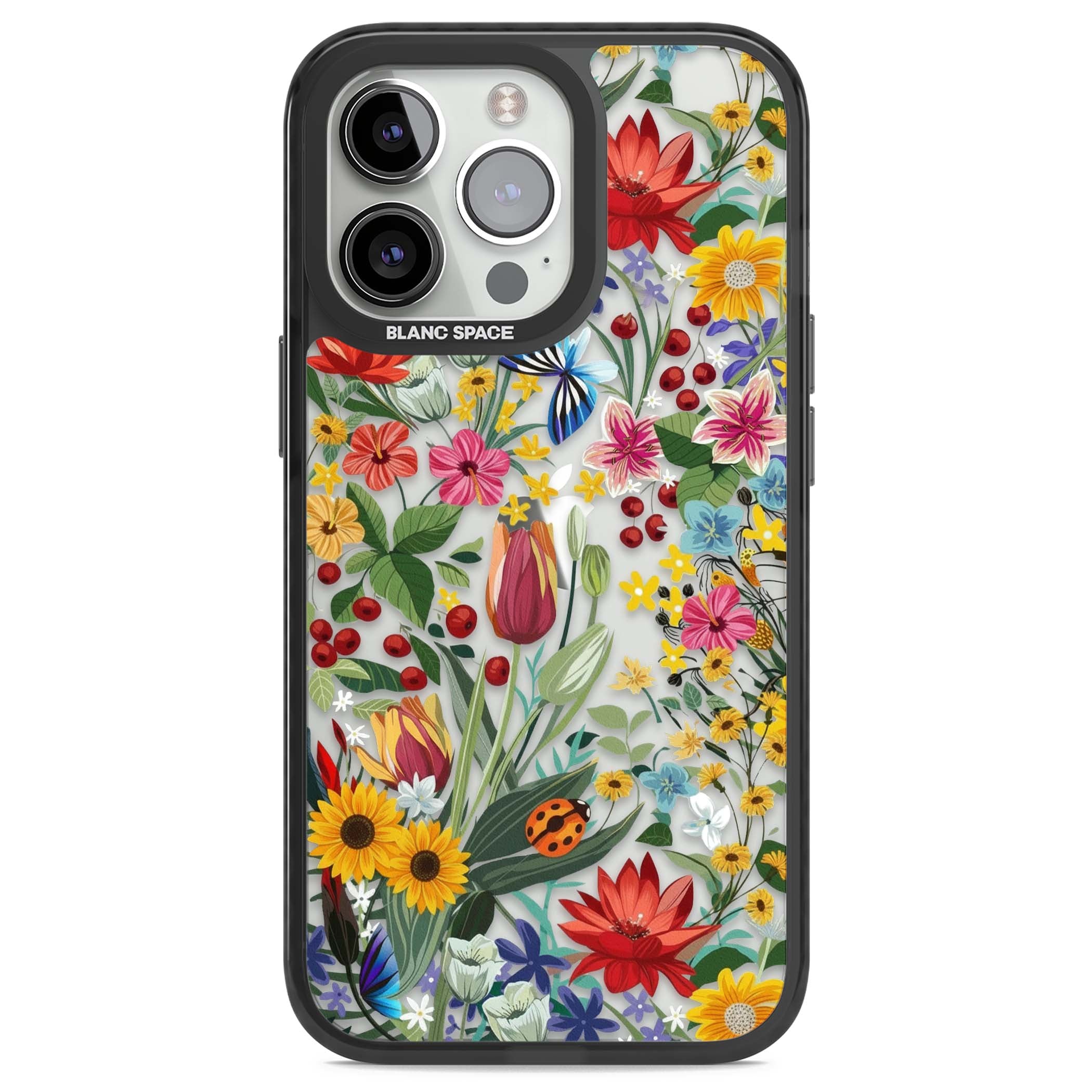 Botanical Bloom cottagecore iPhone case featuring colorful wildflowers, sunflowers, and ladybugs on clear background | Black Impact case for iPhone 13 Pro, iPhone 14 Pro, iPhone 15 Pro