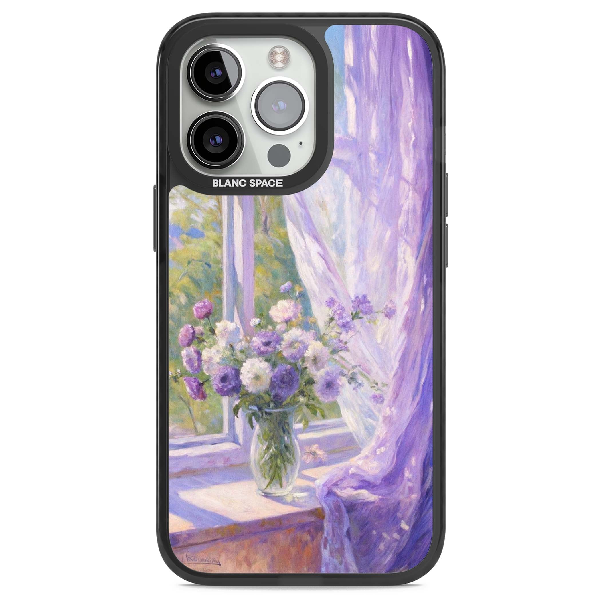 A Provence Morning impressionist art iPhone case featuring a vase of purple flowers, sunlit window and sheer curt | Black Impact case for iPhone 13 Pro, iPhone 14 Pro, iPhone 15 Pro