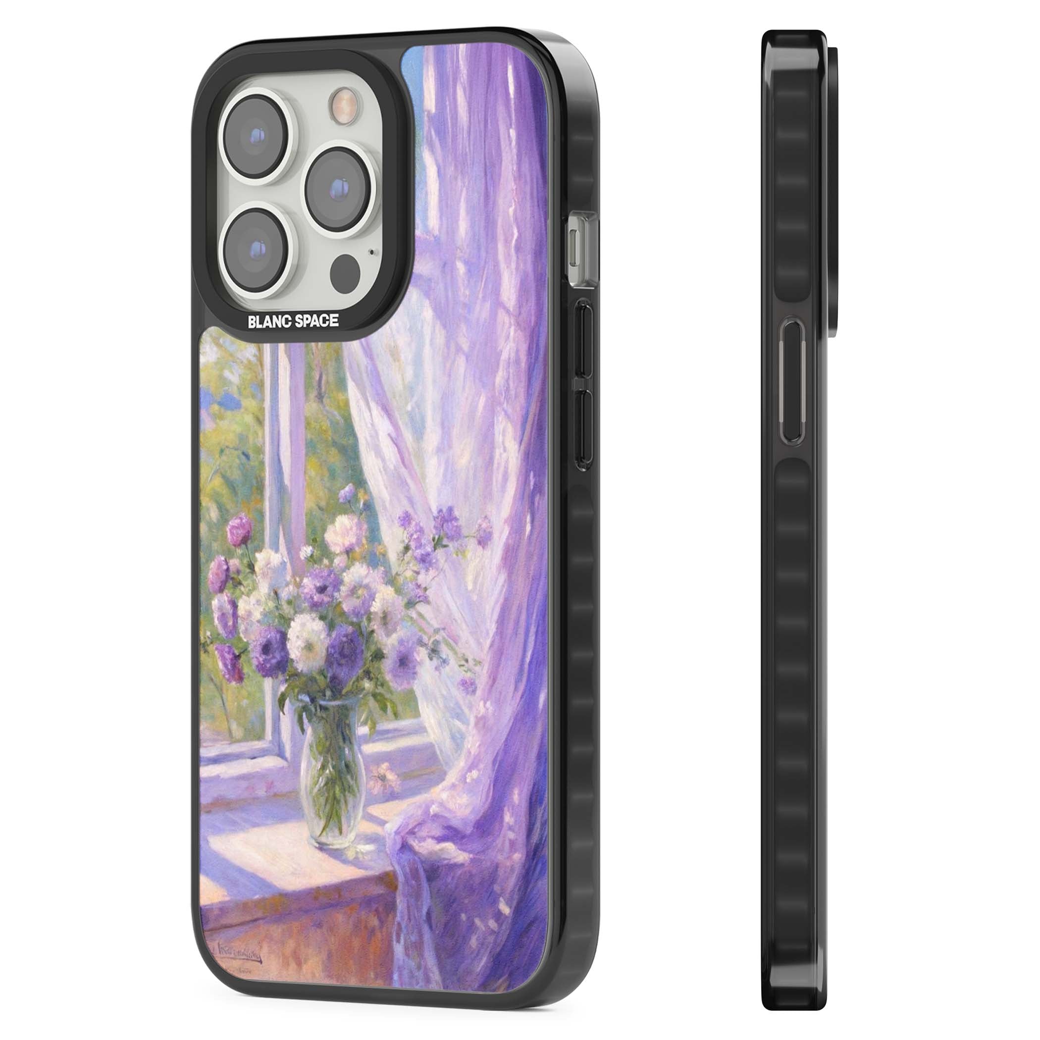 A Provence Morning impressionist art iPhone case featuring a vase of purple flowers, sunlit window and sheer curt | Black Impact case for iPhone 13 Pro, iPhone 14 Pro, iPhone 15 Pro