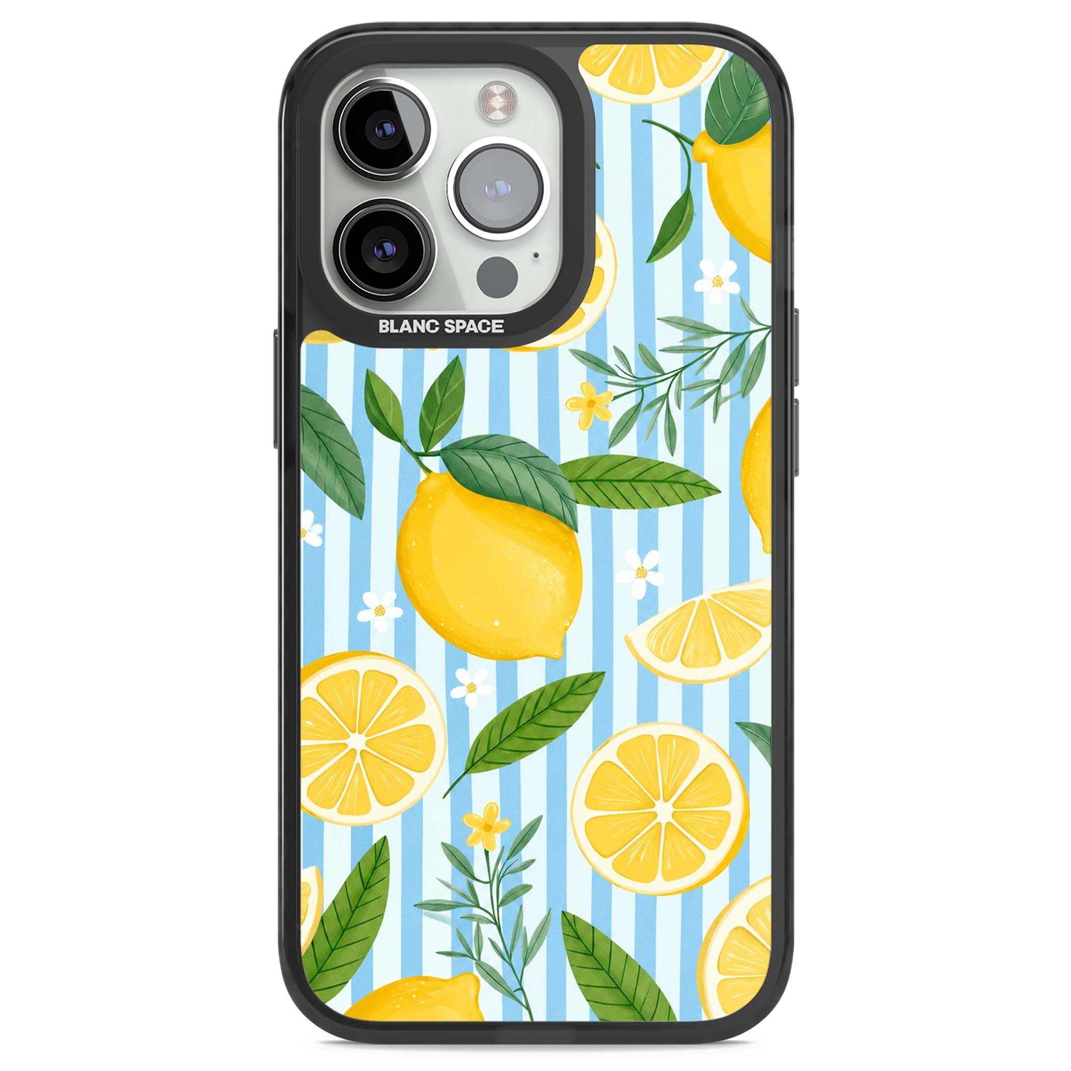 Capri Citrus Stripe coastal iPhone case featuring yellow lemons, blue stripes, and white daisy blossoms | Black Impact case for iPhone 13 Pro, iPhone 14 Pro, iPhone 15 Pro