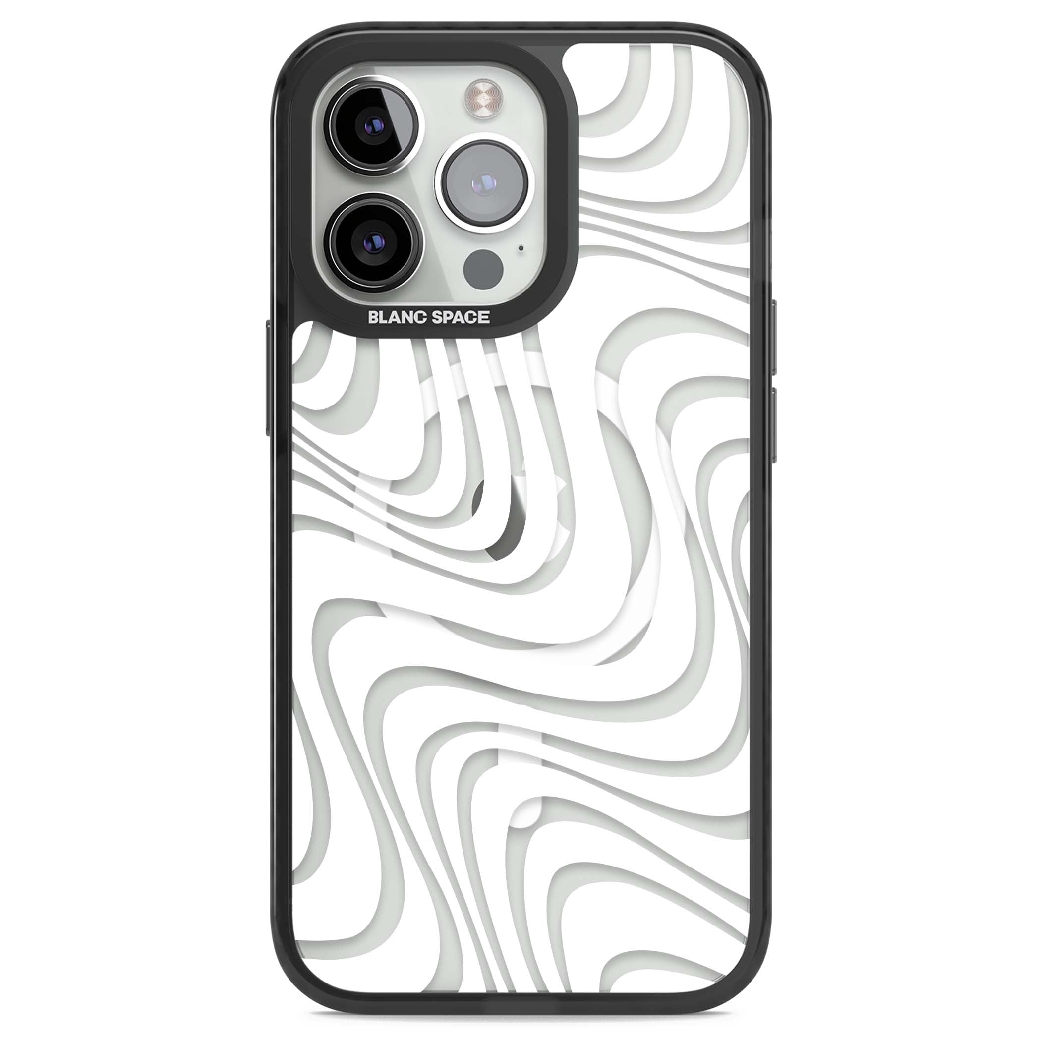White Abstract Waves abstract iPhone case featuring flowing grey wave pattern on clear background | Black Impact Magsafe case for iPhone 13 Pro, iPhone 14 Pro, iPhone 15 Pro