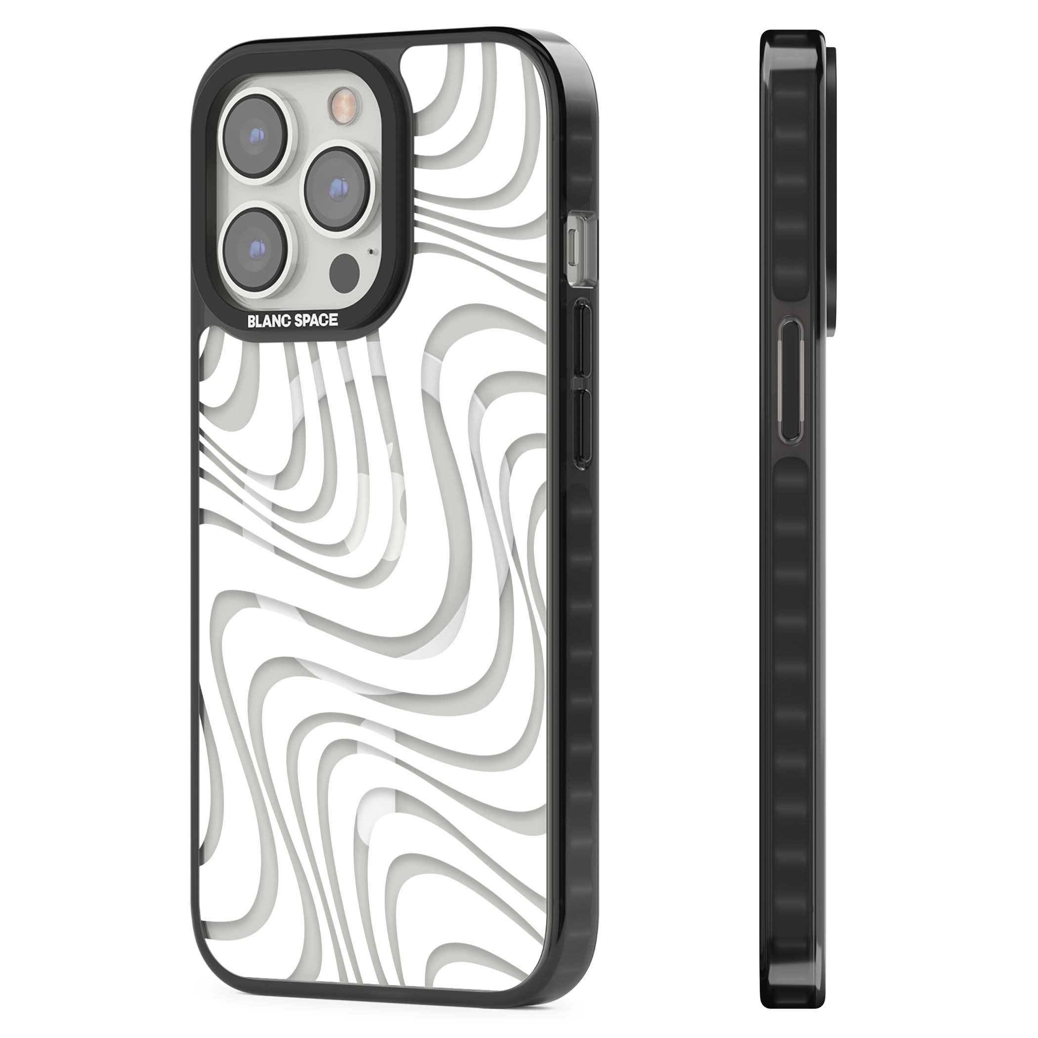 White Abstract Waves abstract iPhone case featuring flowing grey wave pattern on clear background | Black Impact Magsafe case for iPhone 13 Pro, iPhone 14 Pro, iPhone 15 Pro