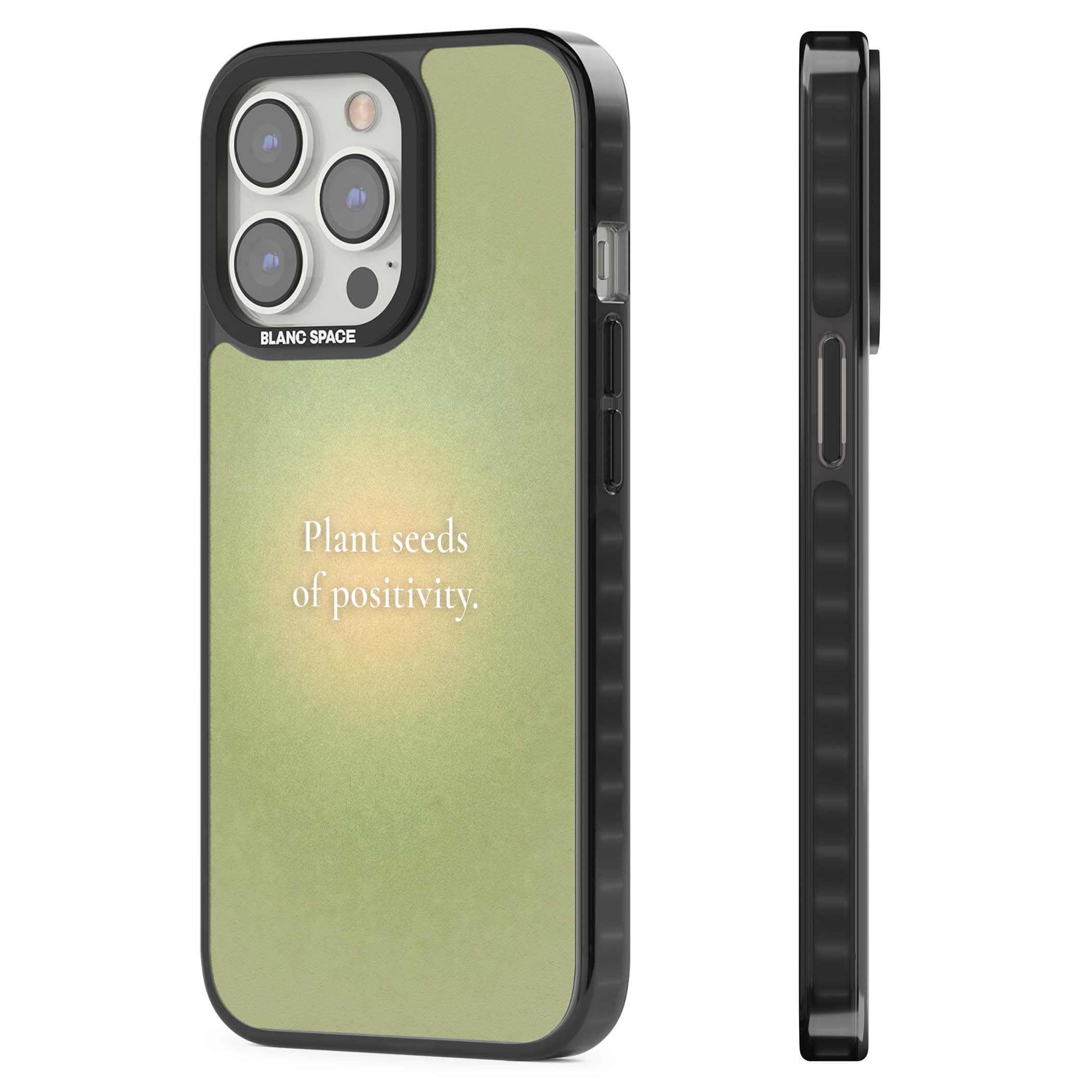 Seeds of Positivity quote iPhone case featuring a sage green aura gradient and golden glow affirmation | Black Impact Magsafe case for iPhone 13 Pro, iPhone 14 Pro, iPhone 15 Pro
