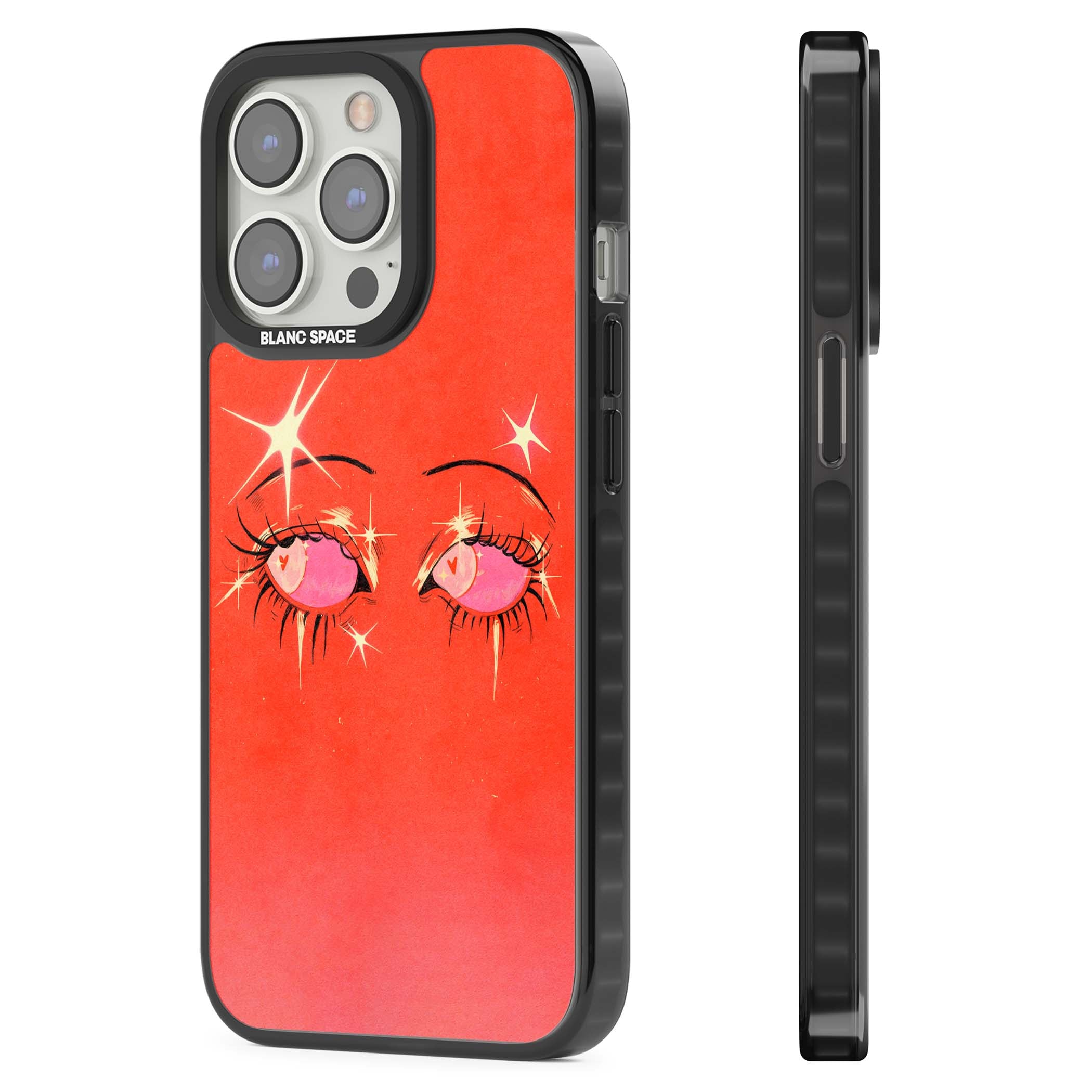 Pink Ethereal Eyes anime iPhone case featuring hand-drawn sparkly eyes with pink hearts and gold stars on red | Black Impact Magsafe case for iPhone 13 Pro, iPhone 14 Pro, iPhone 15 Pro