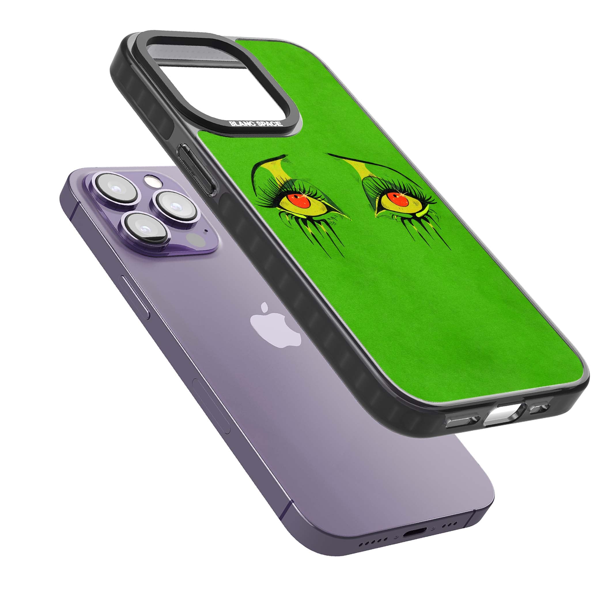 Green Enchanted Eyes psychedelic art iPhone case featuring hand-drawn dripping eyes on neon green background | Black Impact Magsafe case for iPhone 13 Pro, iPhone 14 Pro, iPhone 15 Pro