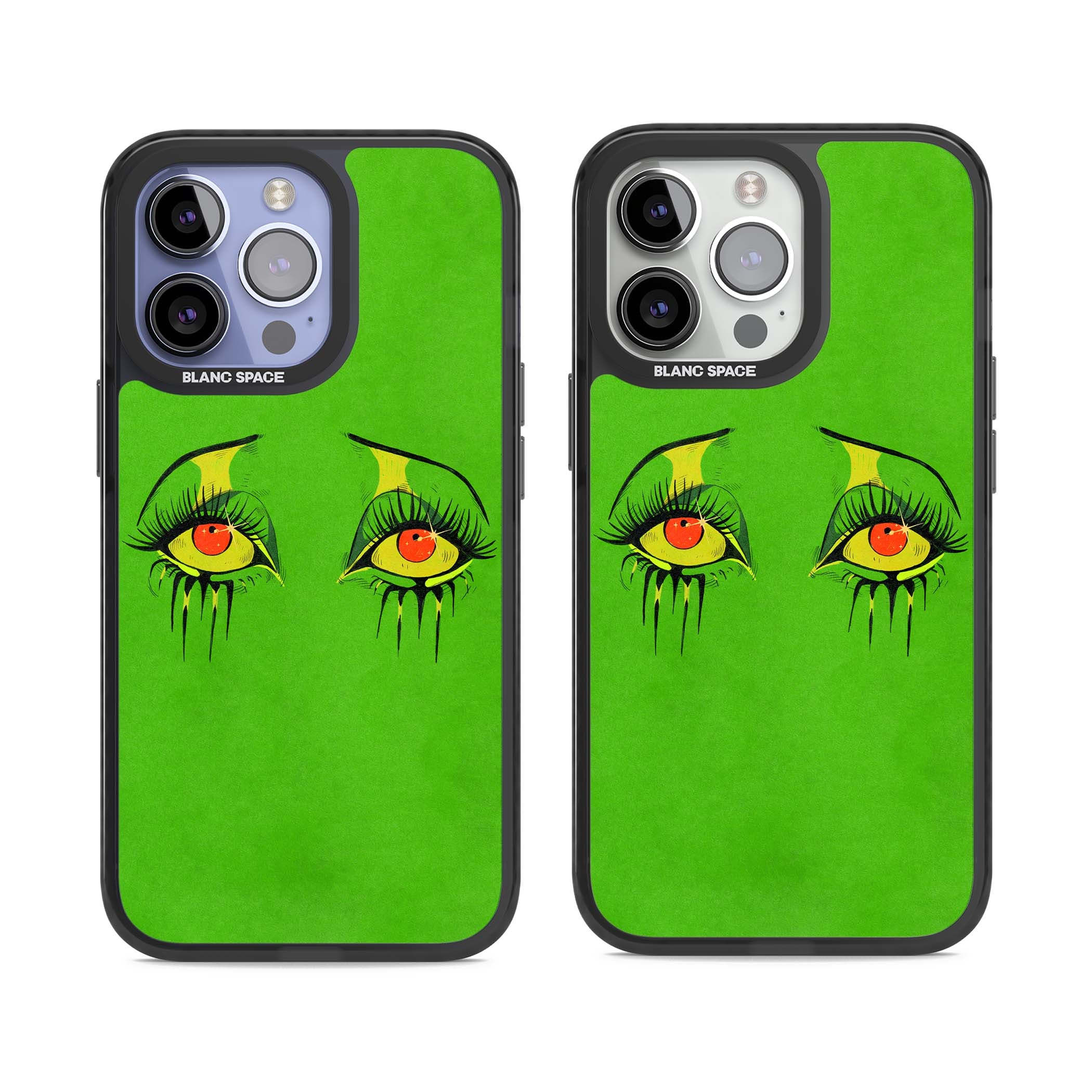 Green Enchanted Eyes psychedelic art iPhone case featuring hand-drawn dripping eyes on neon green background | Black Impact Magsafe case for iPhone 13 Pro, iPhone 14 Pro, iPhone 15 Pro