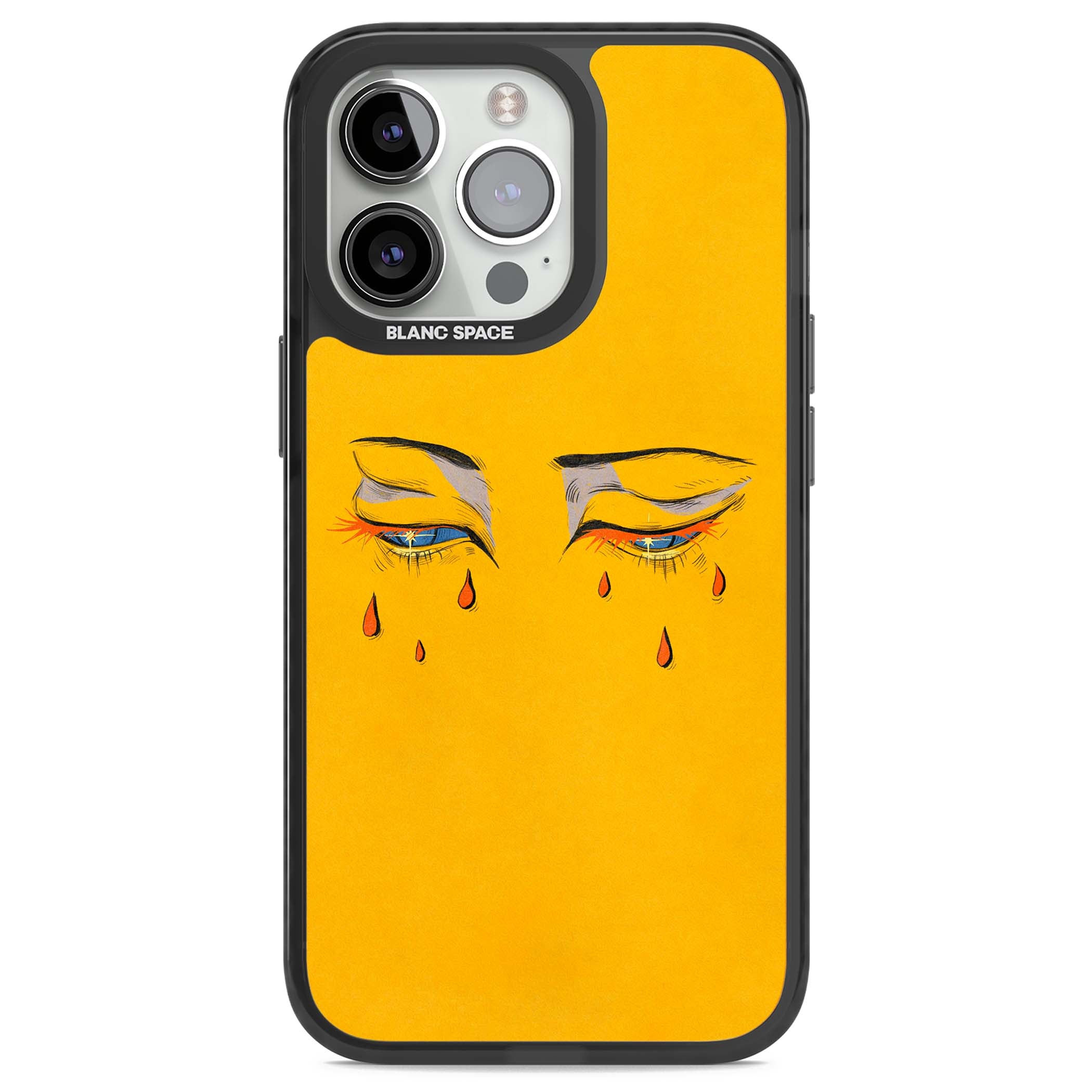 Yellow Tearful Eyes indie iPhone case featuring hand-drawn crying eyes with orange tears on a yellow background | Black Impact Magsafe case for iPhone 13 Pro, iPhone 14 Pro, iPhone 15 Pro