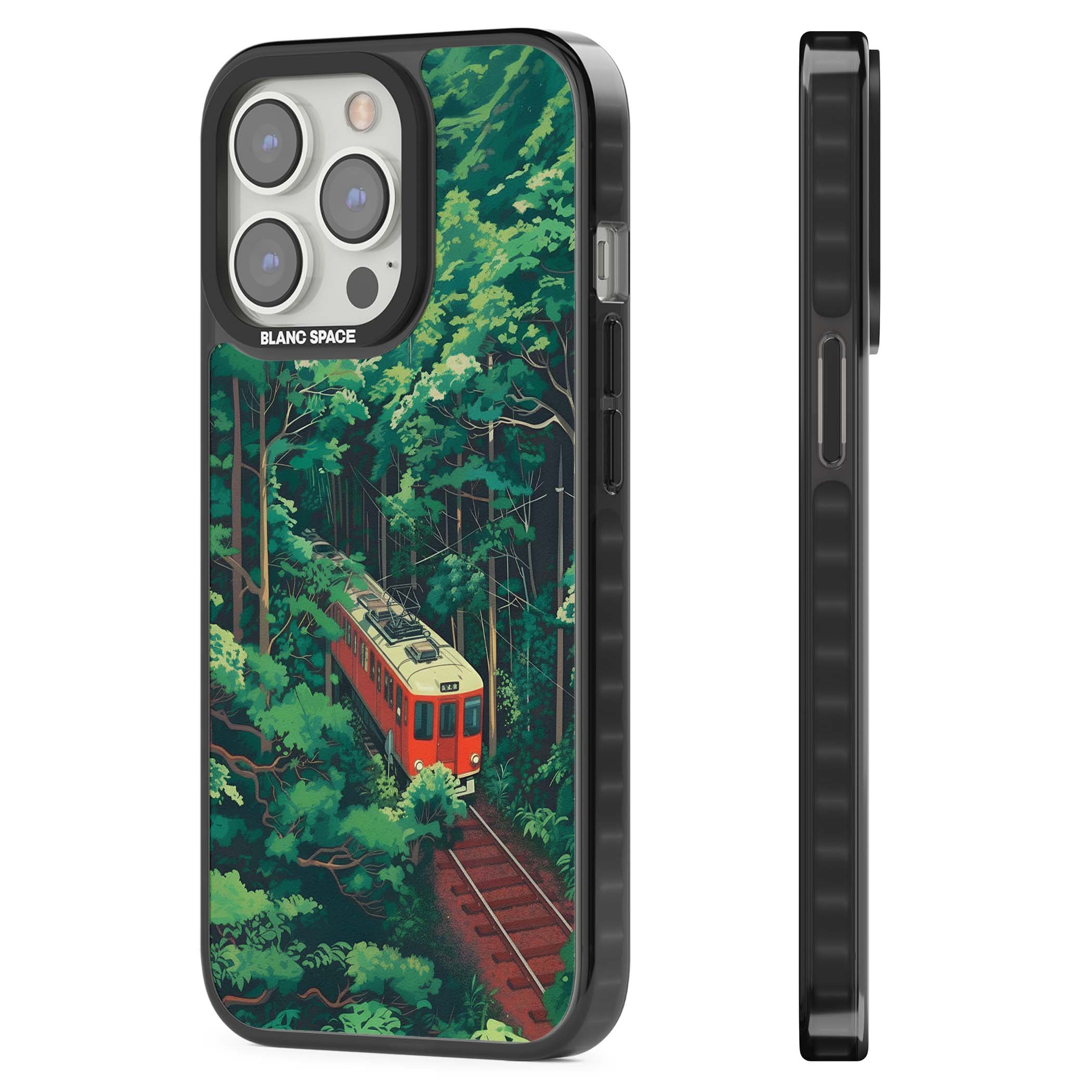 Railway In Toyama Japanese iPhone case featuring a red train, cedar forest and winding mountain railway tracks | Black Impact Magsafe case for iPhone 13 Pro, iPhone 14 Pro, iPhone 15 Pro
