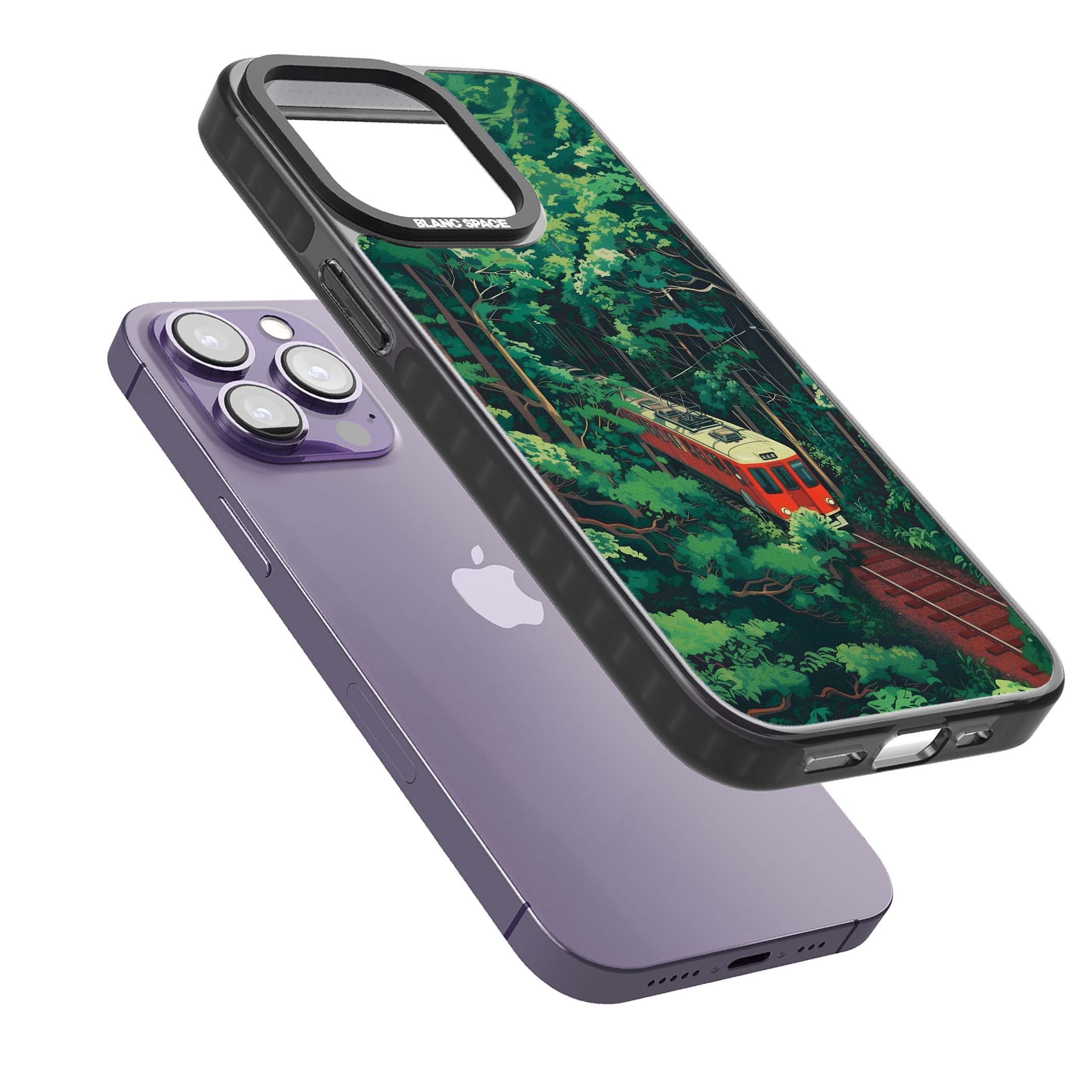 Railway In Toyama Japanese iPhone case featuring a red train, cedar forest and winding mountain railway tracks | Black Impact Magsafe case for iPhone 13 Pro, iPhone 14 Pro, iPhone 15 Pro