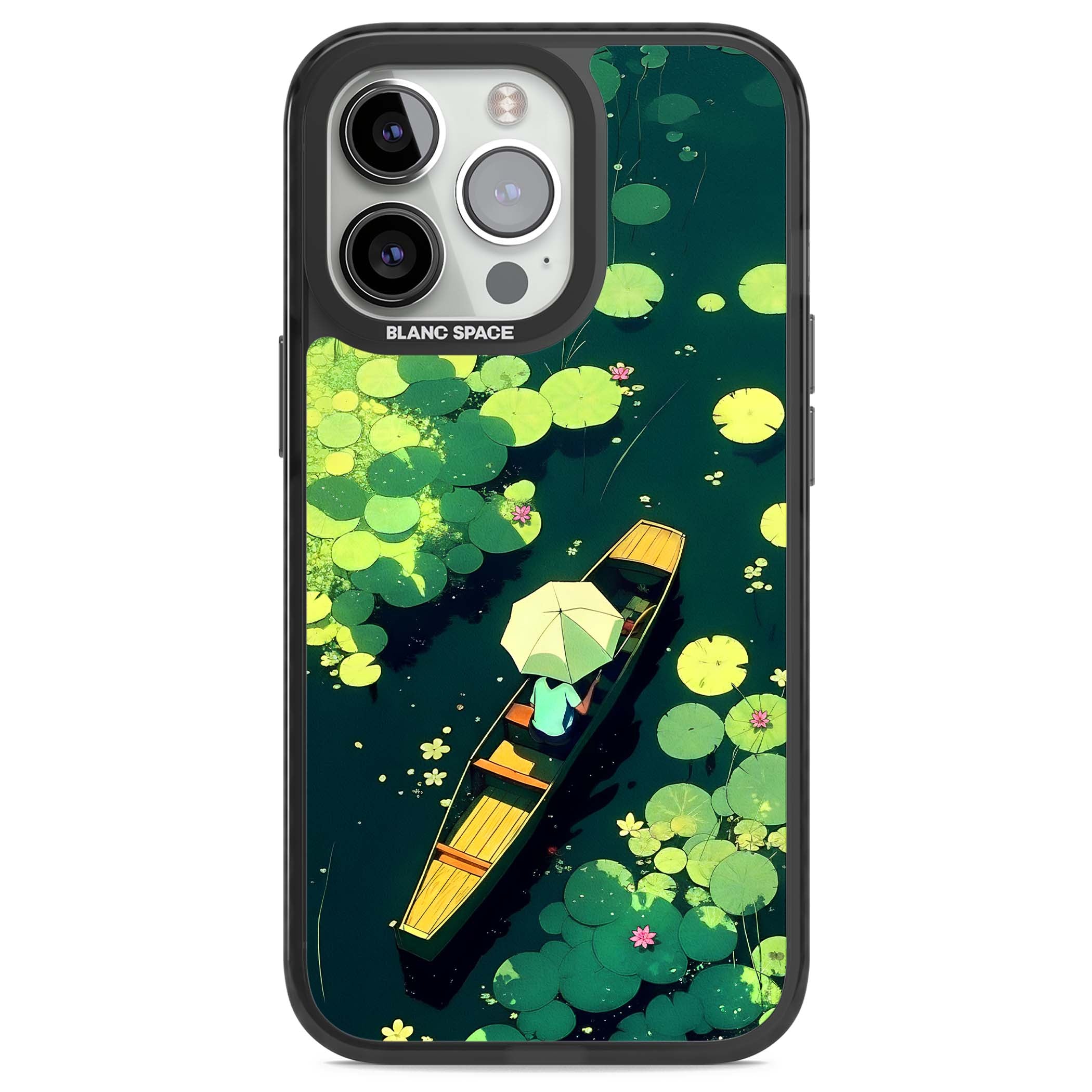 Jade Waters cottagecore iPhone case featuring a painted lily pond, wooden boat with parasol and floating water lilies | Black Impact Magsafe case for iPhone 13 Pro, iPhone 14 Pro, iPhone 15 Pro