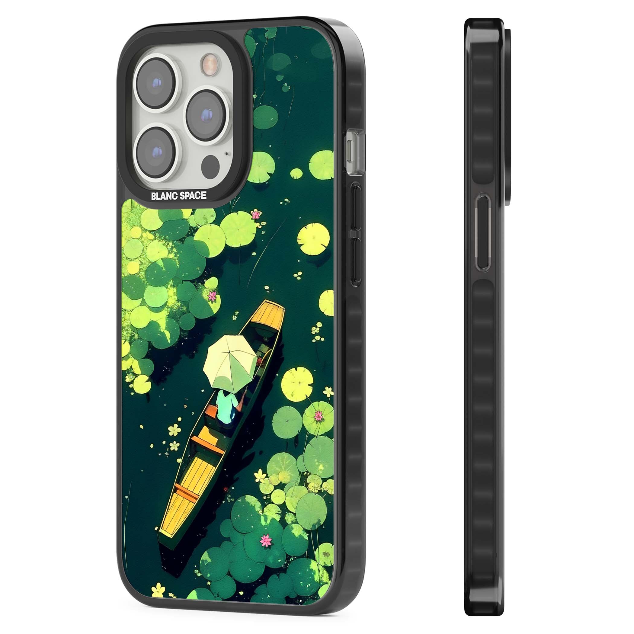 Jade Waters cottagecore iPhone case featuring a painted lily pond, wooden boat with parasol and floating water lilies | Black Impact Magsafe case for iPhone 13 Pro, iPhone 14 Pro, iPhone 15 Pro