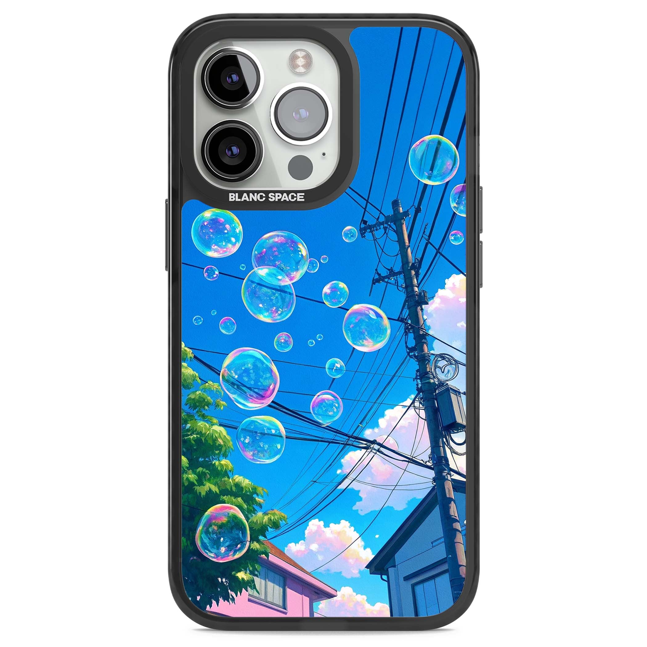 Suburban Bubbles anime iPhone case featuring iridescent soap bubbles, blue sky and Japanese telephone wires | Black Impact Magsafe case for iPhone 13 Pro, iPhone 14 Pro, iPhone 15 Pro