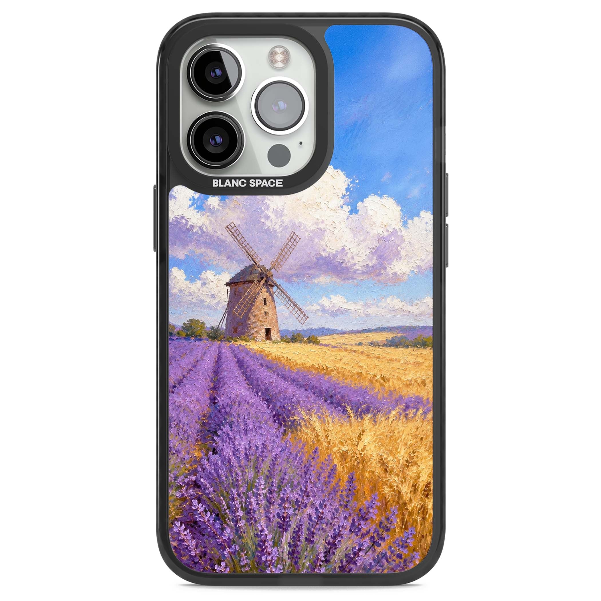 Lavender Mill cottagecore iPhone case featuring a French windmill, lavender field and golden wheat oil painting | Black Impact Magsafe case for iPhone 13 Pro, iPhone 14 Pro, iPhone 15 Pro