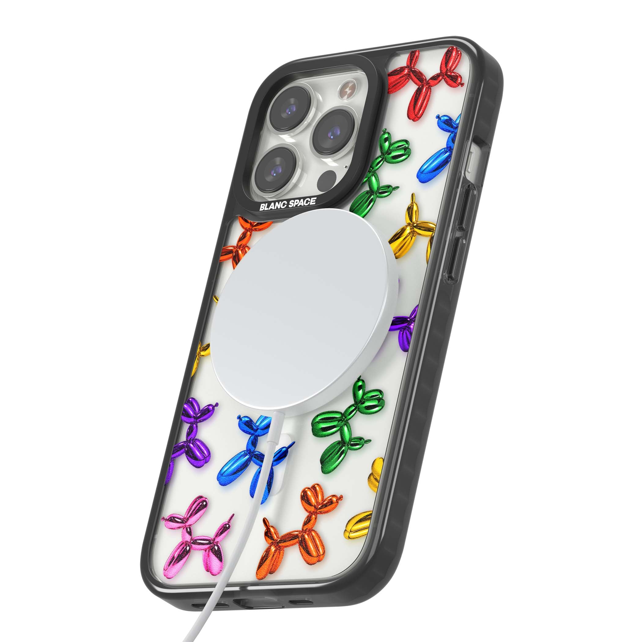 Balloon Dogs pop art iPhone case featuring rainbow chrome balloon dogs in Jeff Koons style | Black Impact Magsafe case for iPhone 13 Pro, iPhone 14 Pro, iPhone 15 Pro