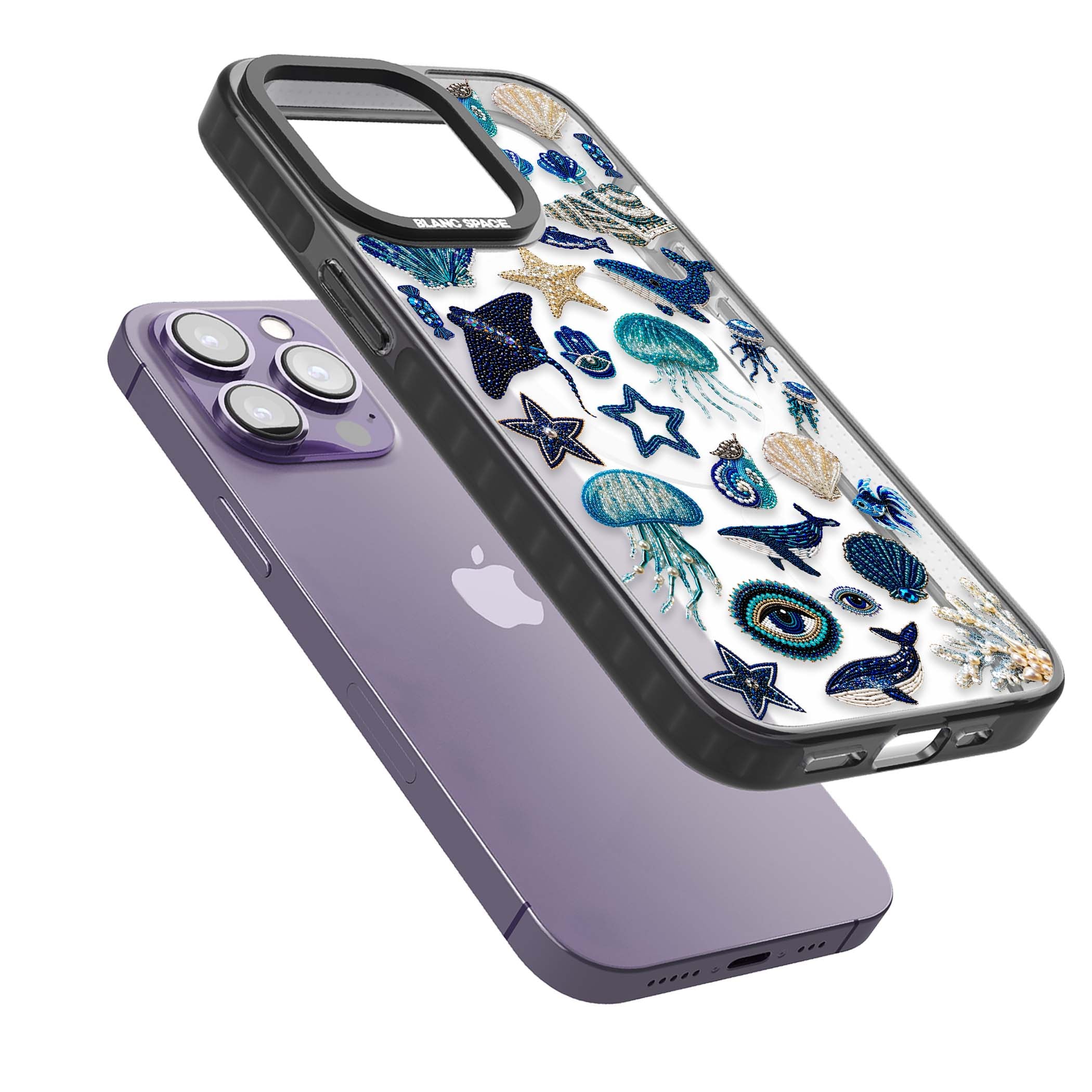 Beaded Coastal coastal iPhone case featuring embroidered seashells, jellyfish and a blue whale on clear | Black Impact Magsafe case for iPhone 13 Pro, iPhone 14 Pro, iPhone 15 Pro
