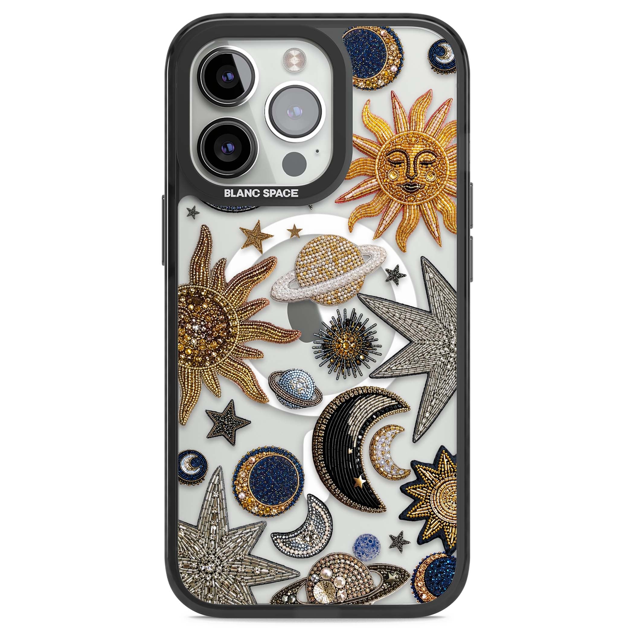 Beaded Cosmos celestial iPhone case featuring embroidered golden suns, beaded planets and silver shooting stars | Black Impact Magsafe case for iPhone 13 Pro, iPhone 14 Pro, iPhone 15 Pro