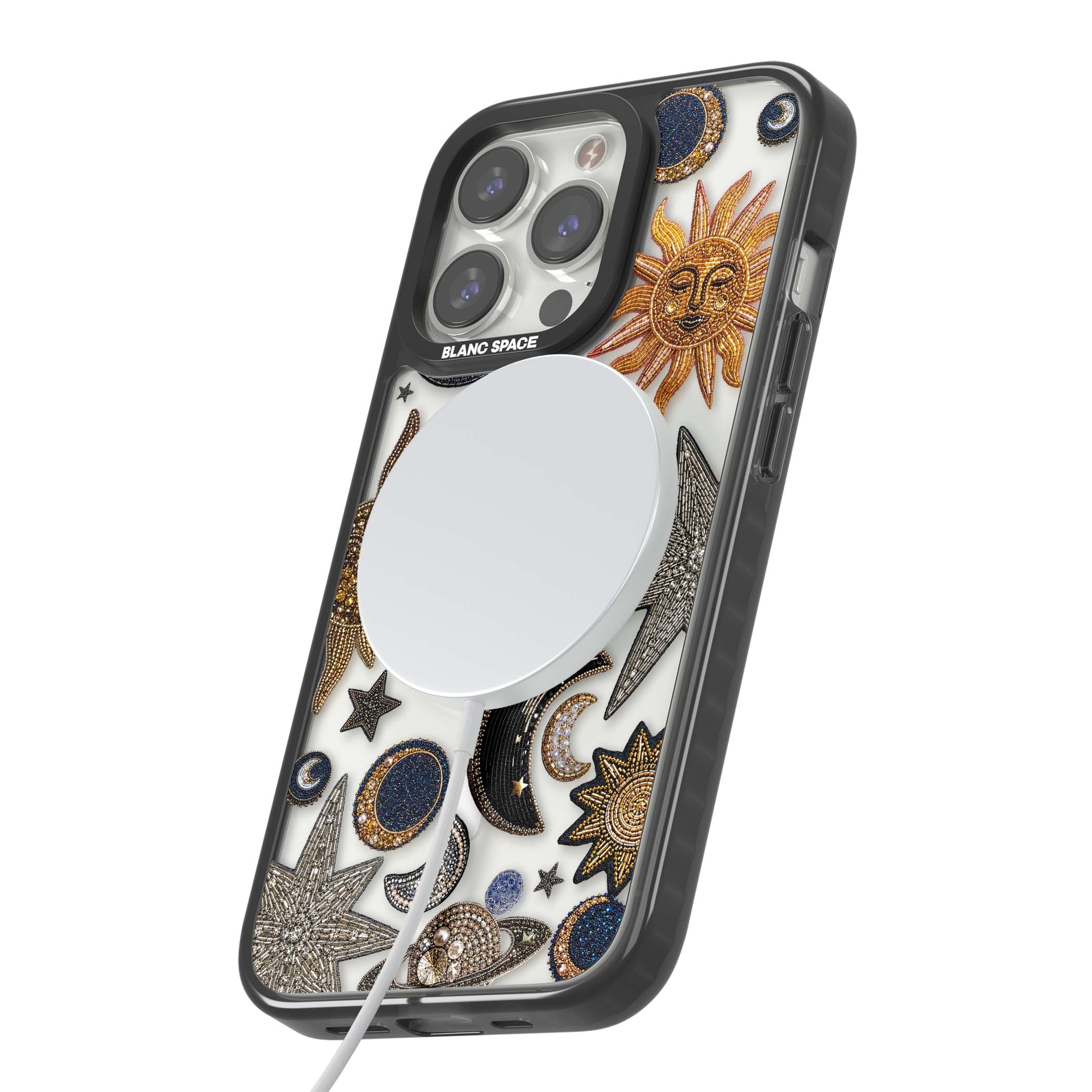 Beaded Cosmos celestial iPhone case featuring embroidered golden suns, beaded planets and silver shooting stars | Black Impact Magsafe case for iPhone 13 Pro, iPhone 14 Pro, iPhone 15 Pro