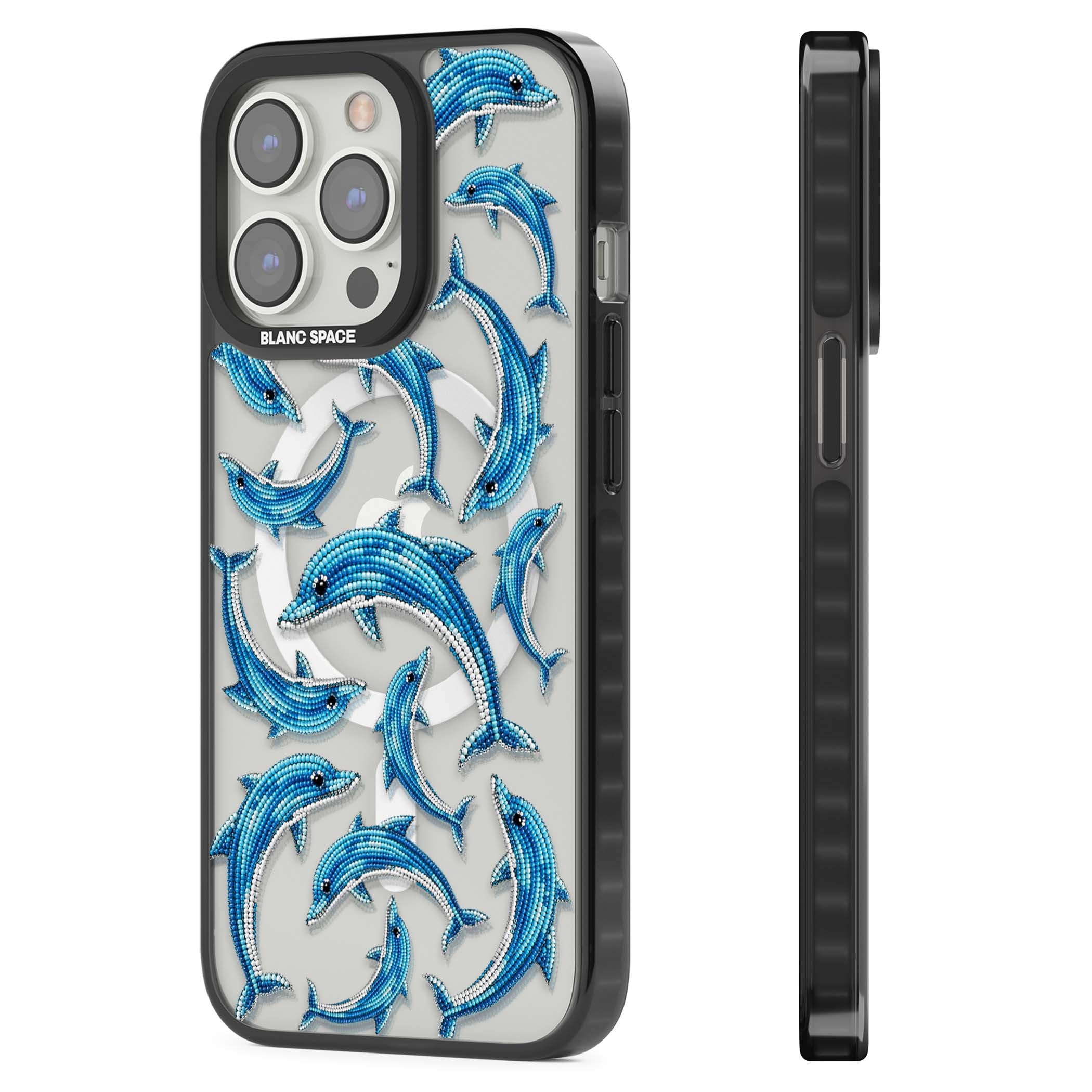 Beaded Dolphins coastal iPhone case featuring beaded dolphins in blue and white swimming across a clear background | Black Impact Magsafe case for iPhone 13 Pro, iPhone 14 Pro, iPhone 15 Pro