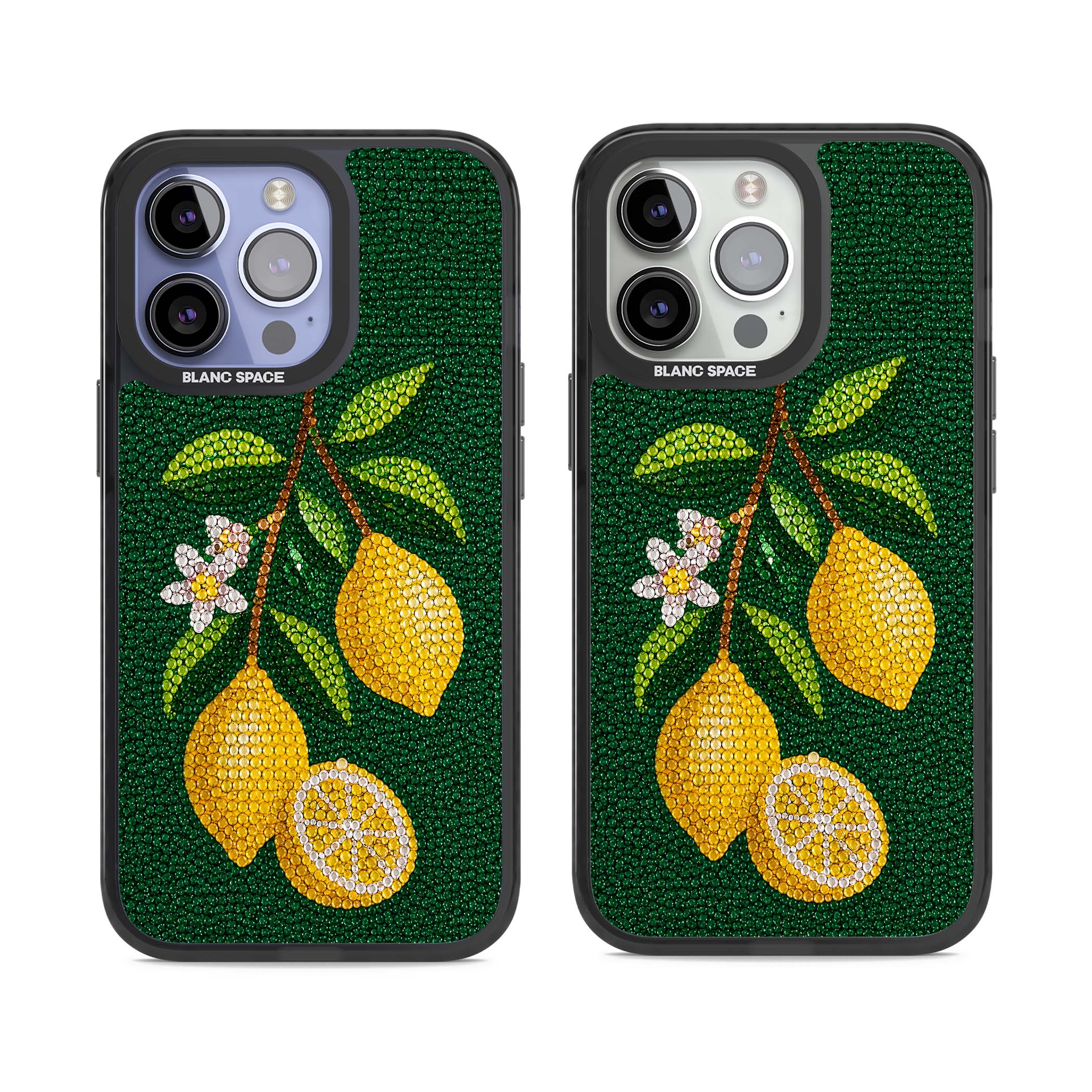 Beaded Lemons coastal iPhone case featuring crystal-beaded lemons, citrus blossom and green leaves on emerald ground | Black Impact Magsafe case for iPhone 13 Pro, iPhone 14 Pro, iPhone 15 Pro