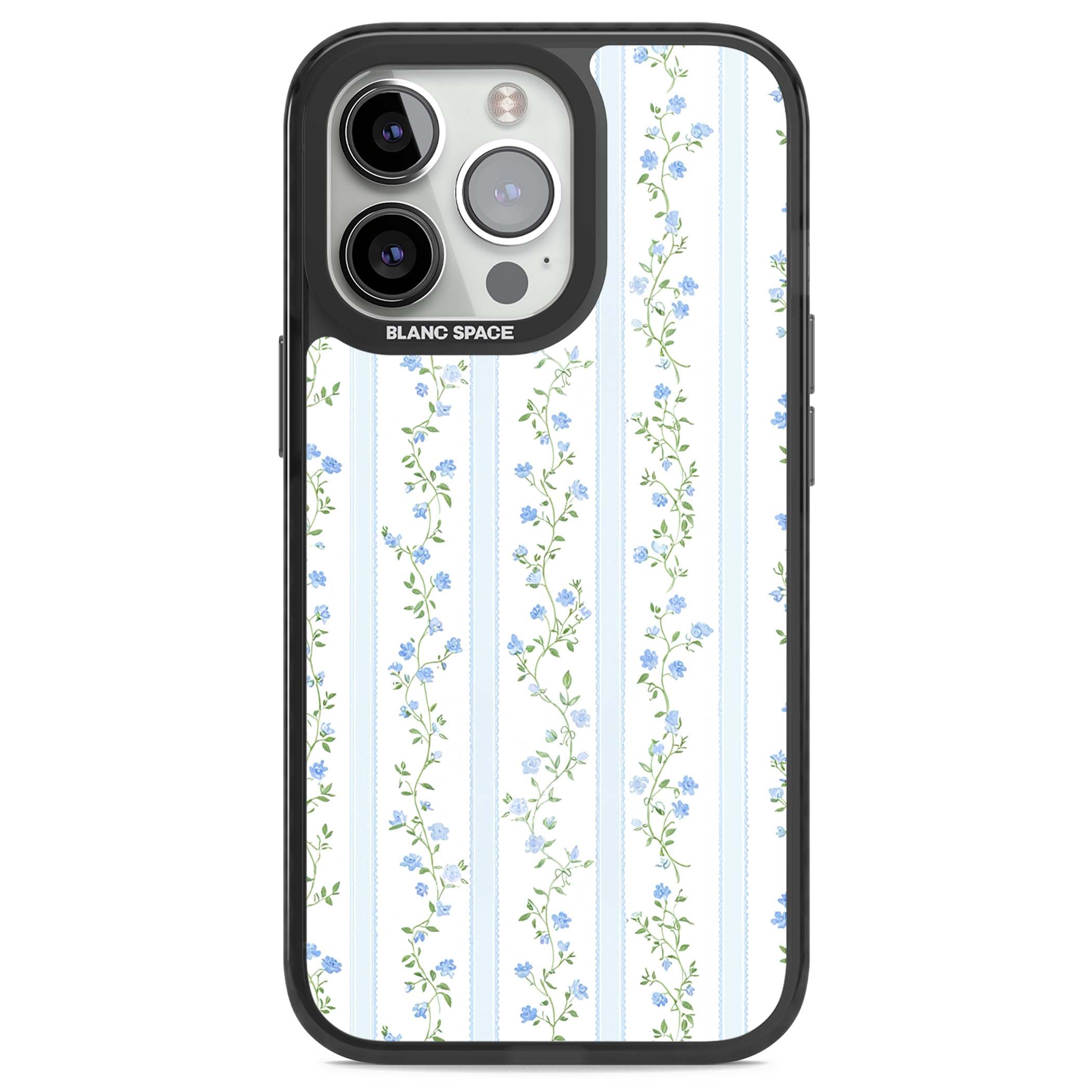 Bluebell Vine cottagecore iPhone case featuring climbing blue roses, trailing green vines, and pale ticking stripes | Black Impact Magsafe case for iPhone 13 Pro, iPhone 14 Pro, iPhone 15 Pro
