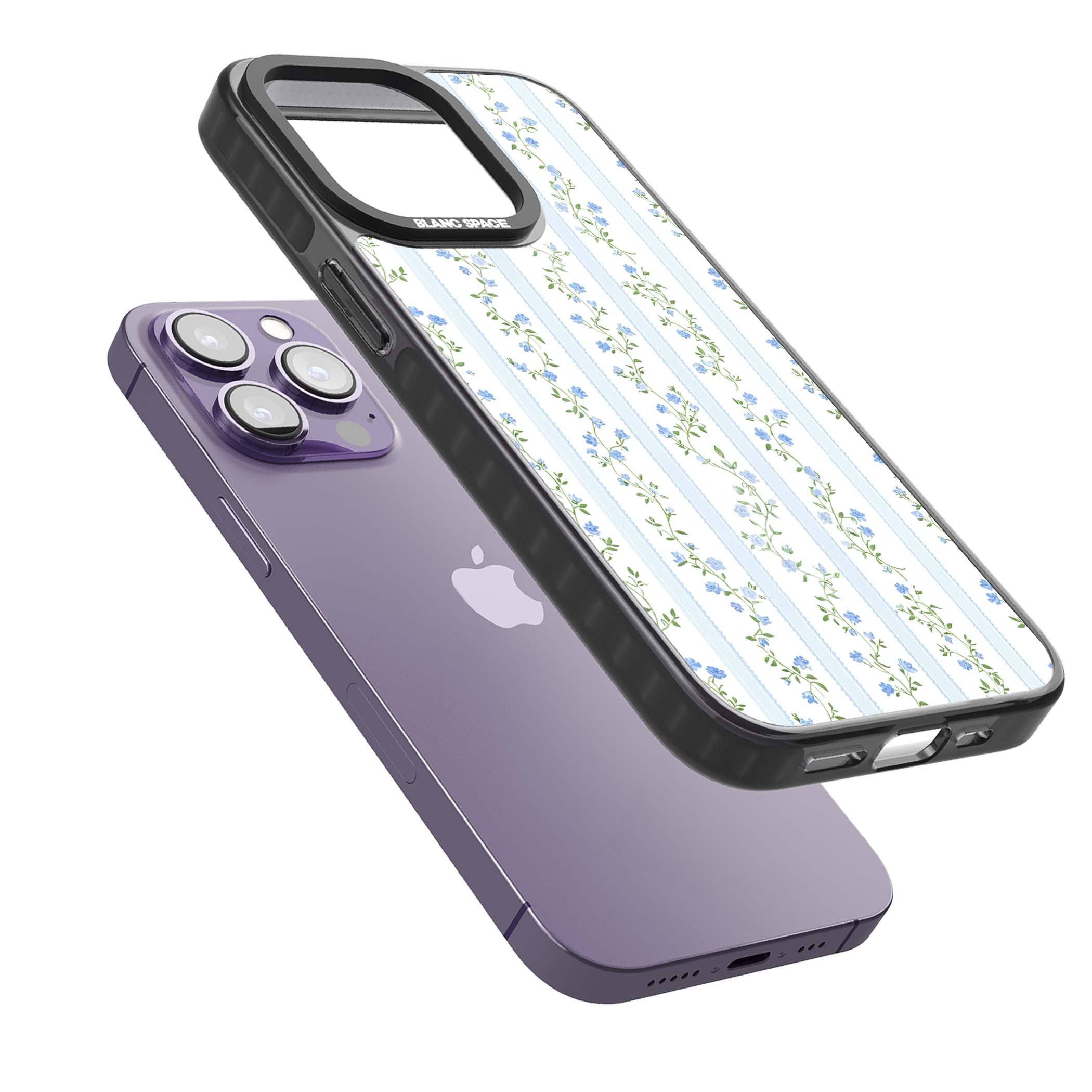 Bluebell Vine cottagecore iPhone case featuring climbing blue roses, trailing green vines, and pale ticking stripes | Black Impact Magsafe case for iPhone 13 Pro, iPhone 14 Pro, iPhone 15 Pro