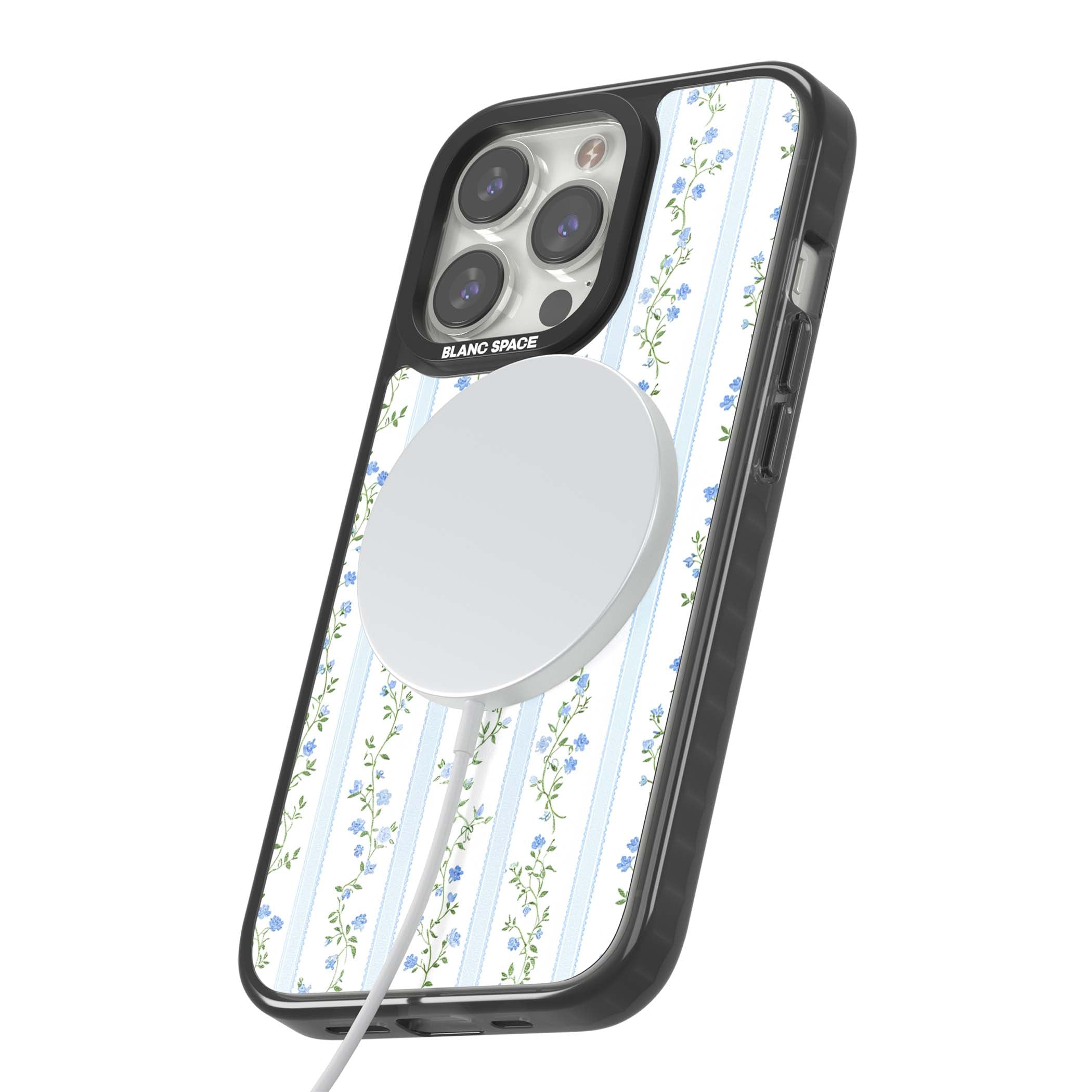 Bluebell Vine cottagecore iPhone case featuring climbing blue roses, trailing green vines, and pale ticking stripes | Black Impact Magsafe case for iPhone 13 Pro, iPhone 14 Pro, iPhone 15 Pro