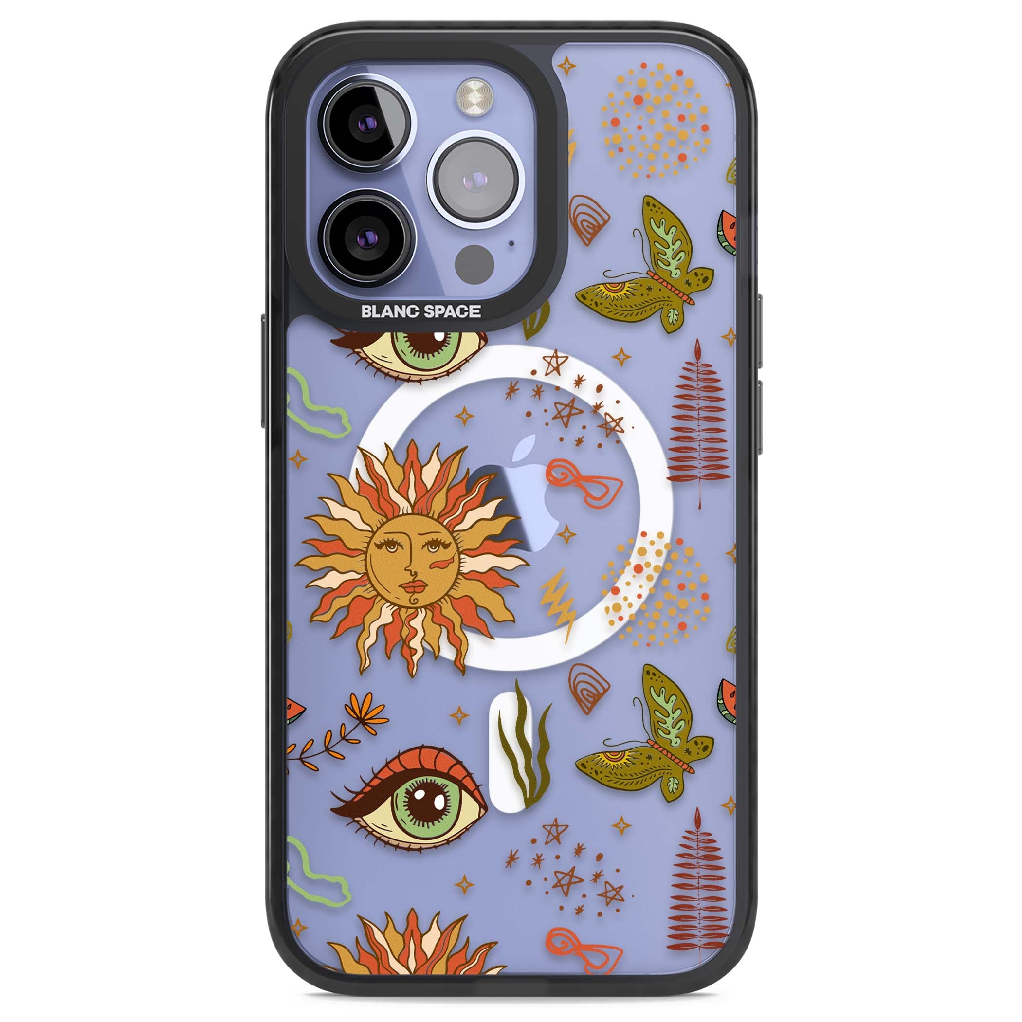 Elevate Your Phone'S Style With This Boho Celestial Sun & Eye Phone Case, Featuring A Mystical Blend Of Suns, All-Seeing Eyes, Butterflies, Stars, And
