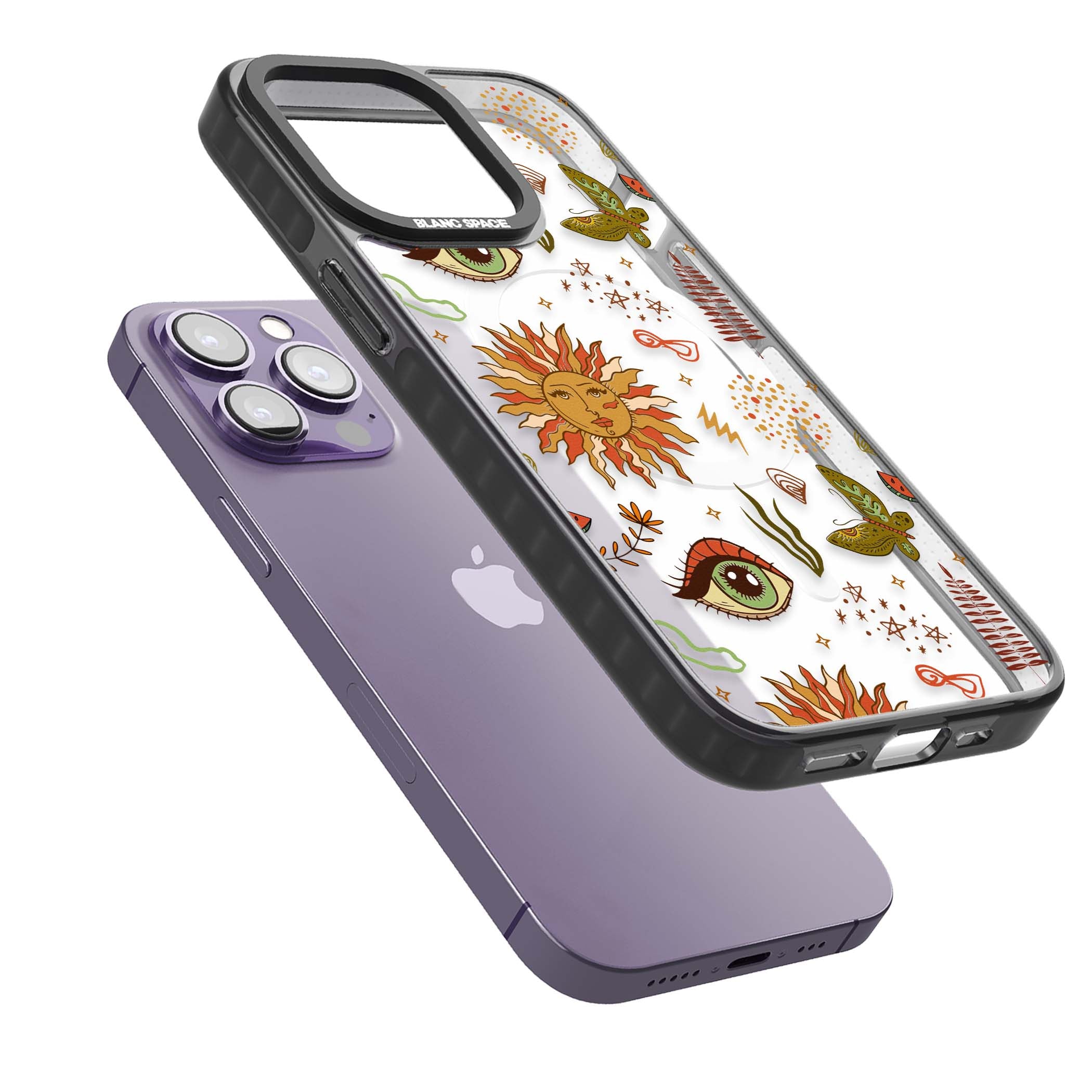 Elevate Your Phone'S Style With This Boho Celestial Sun & Eye Phone Case, Featuring A Mystical Blend Of Suns, All-Seeing Eyes, Butterflies, Stars, And
