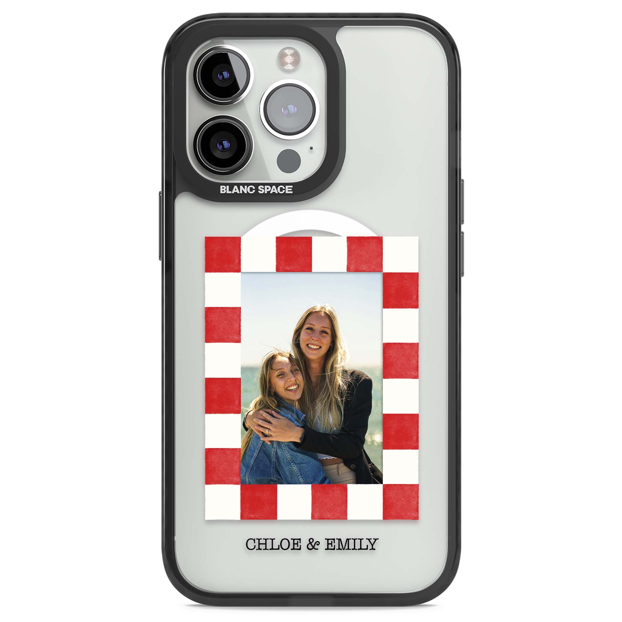 Red Check Photo personalised photo iPhone case with red and white checkered polaroid frame and custom couple name | Black Impact Magsafe case for iPhone 13 Pro, iPhone 14 Pro, iPhone 15 Pro