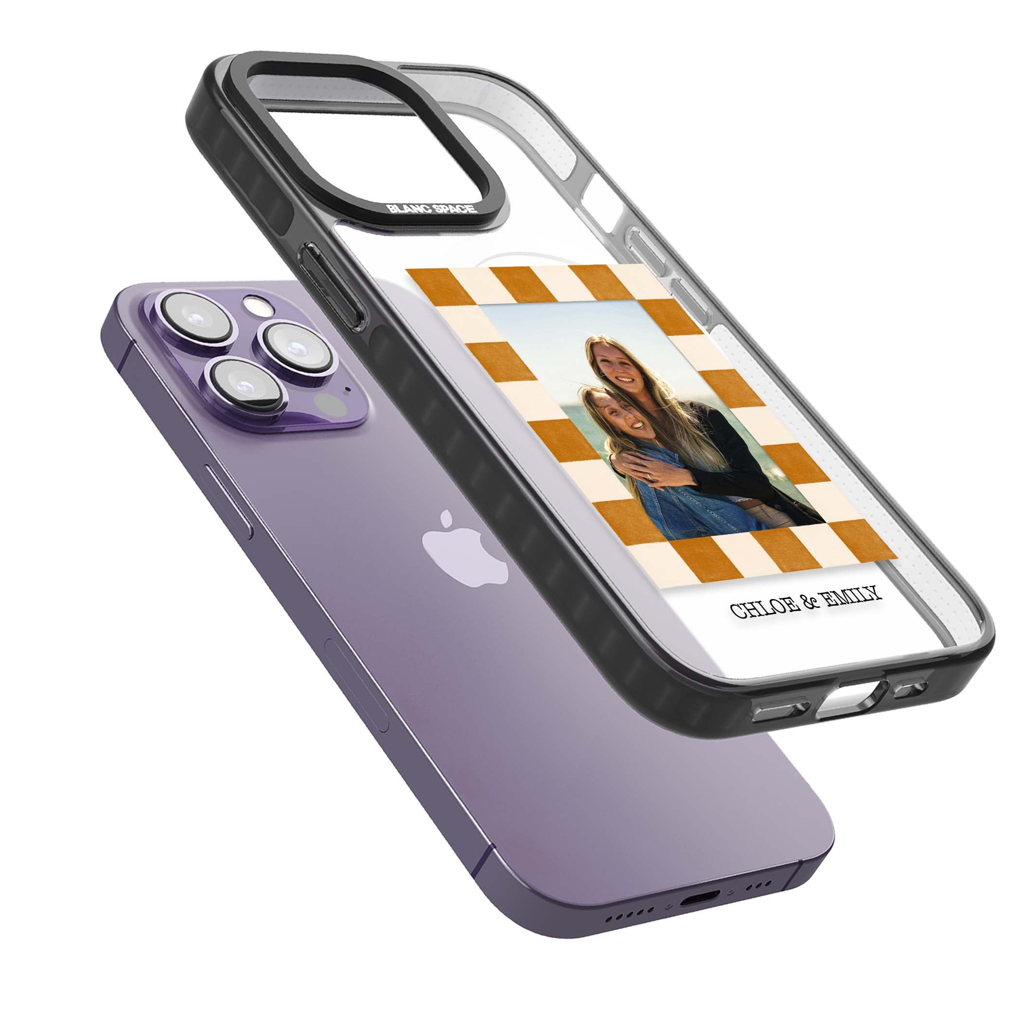 Citrus Check Photo personalised iPhone case with custom photo, orange checkered frame and names underneath | Black Impact Magsafe case for iPhone 13 Pro, iPhone 14 Pro, iPhone 15 Pro
