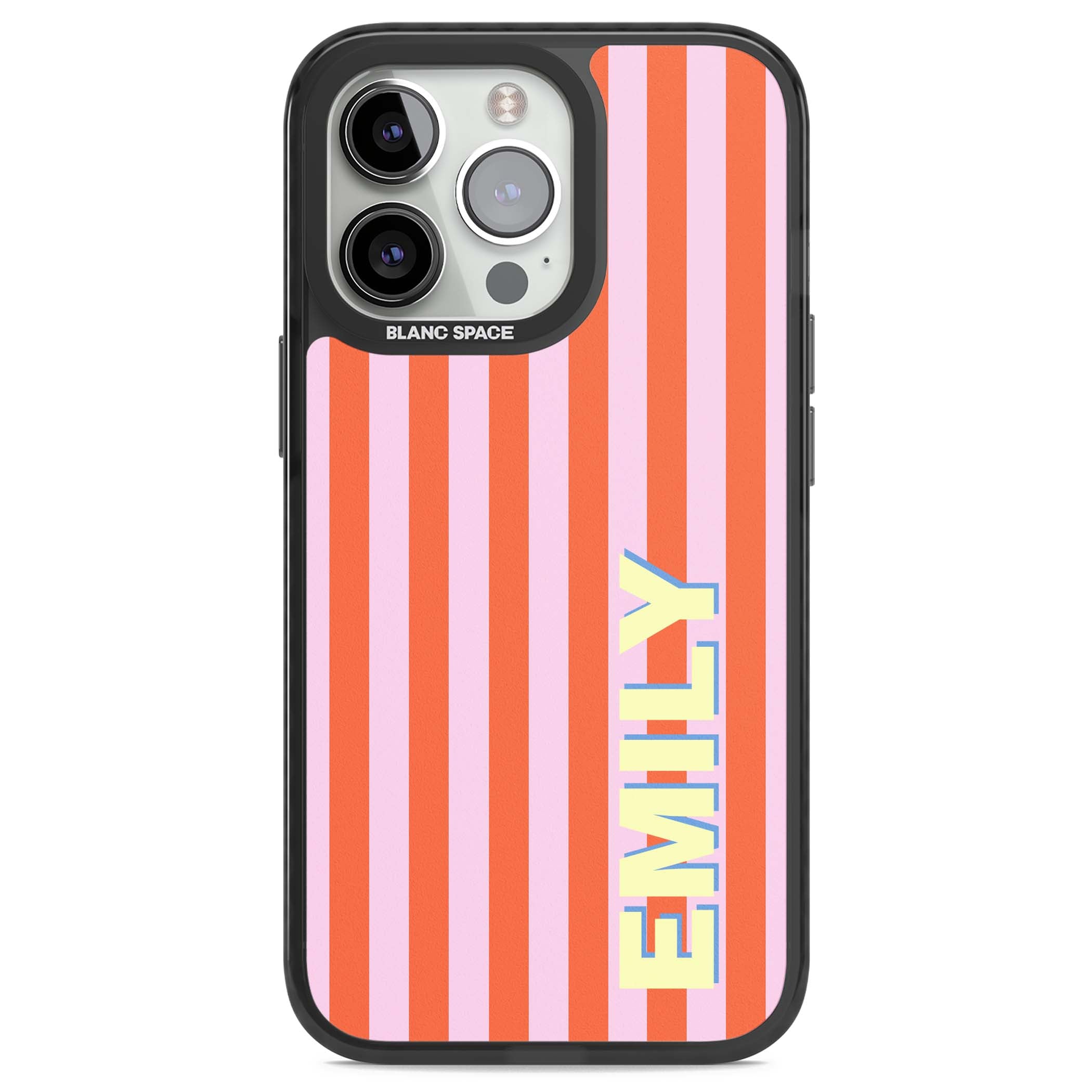Havana Stripe personalised iPhone case featuring pink and orange vertical stripes with a custom yellow name | Black Impact Magsafe case for iPhone 13 Pro, iPhone 14 Pro, iPhone 15 Pro