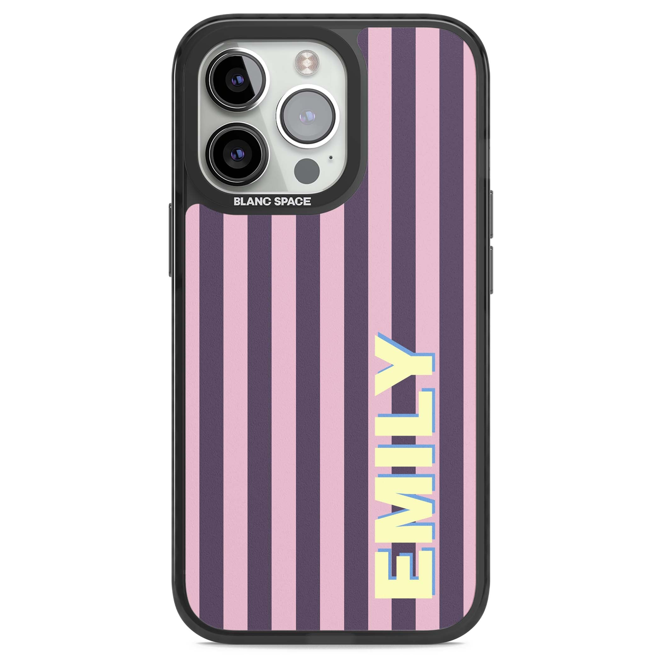 Tyre Stripe personalised stripe iPhone case with plum and pink vertical stripes and custom yellow name | Black Impact Magsafe case for iPhone 13 Pro, iPhone 14 Pro, iPhone 15 Pro