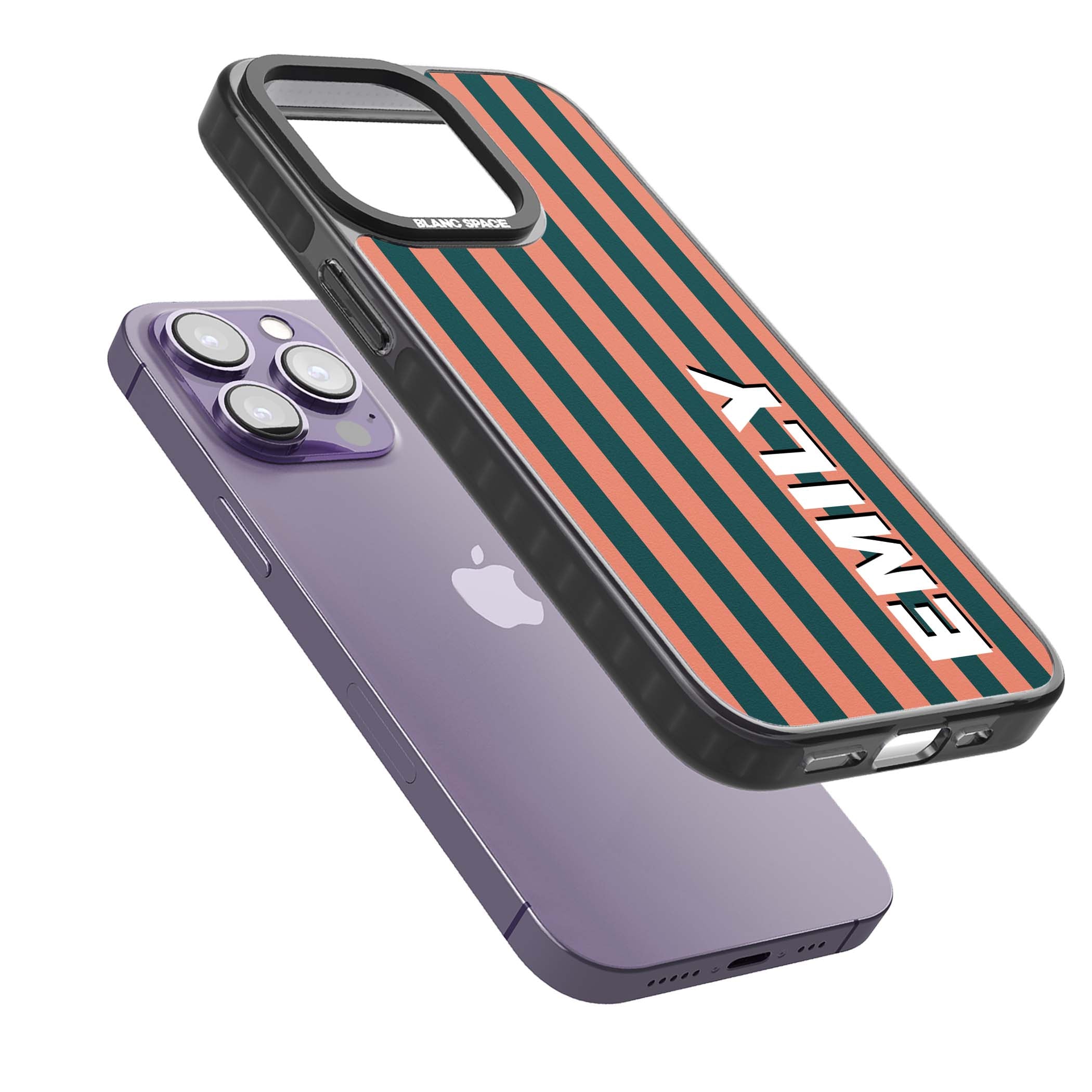 Tuscan Stripe personalised iPhone case featuring coral and green vertical stripes with bold custom name | Black Impact Magsafe case for iPhone 13 Pro, iPhone 14 Pro, iPhone 15 Pro