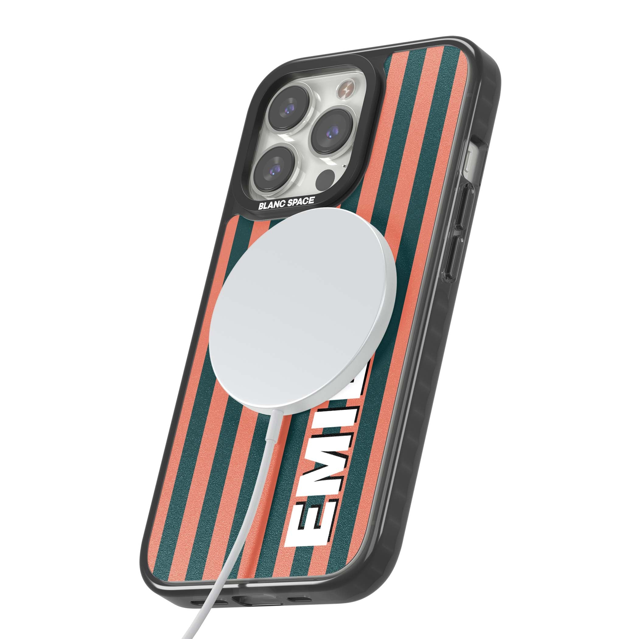 Tuscan Stripe personalised iPhone case featuring coral and green vertical stripes with bold custom name | Black Impact Magsafe case for iPhone 13 Pro, iPhone 14 Pro, iPhone 15 Pro