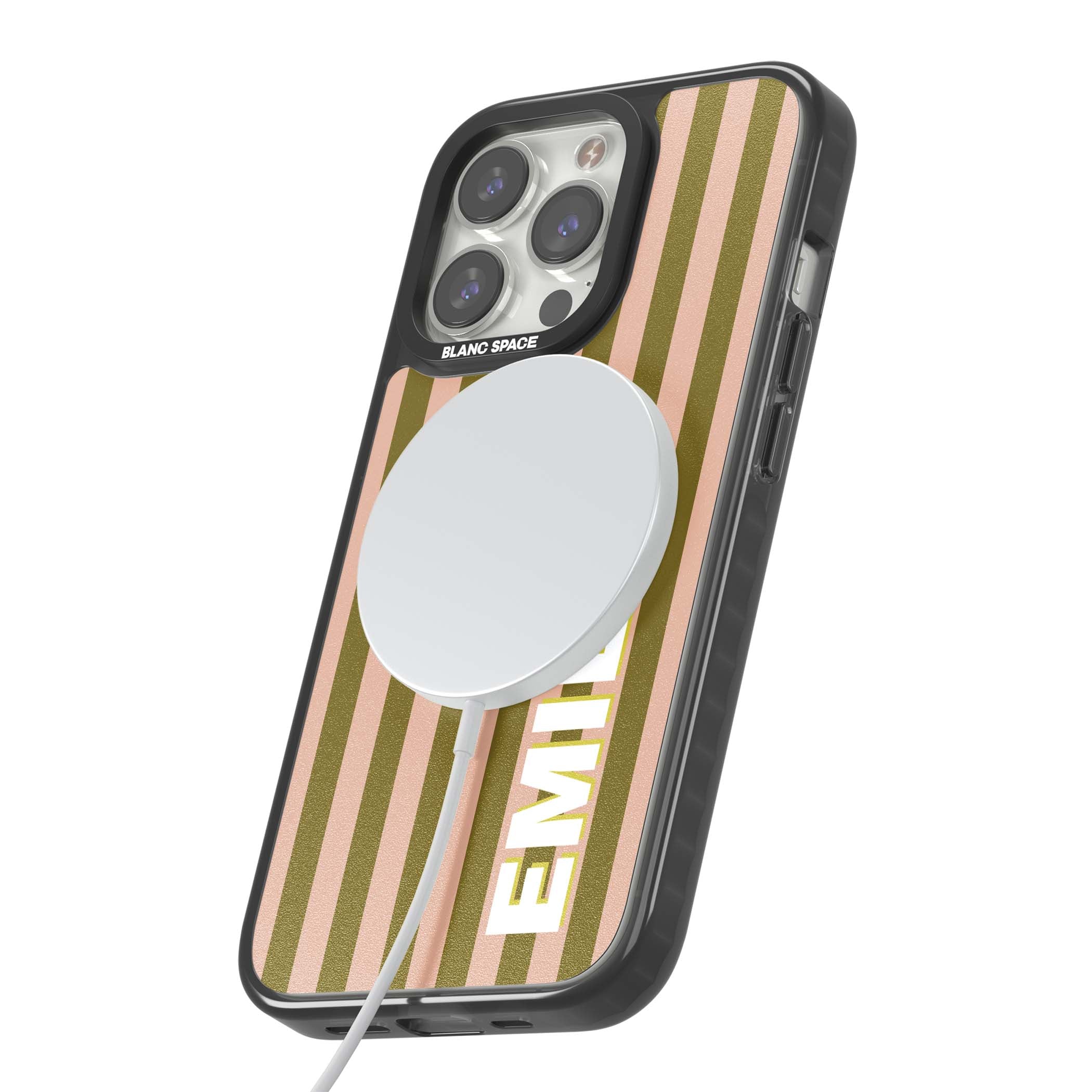 Indian Stripe personalised iPhone case featuring olive green and blush pink vertical stripes with custom name in whit | Black Impact Magsafe case for iPhone 13 Pro, iPhone 14 Pro, iPhone 15 Pro
