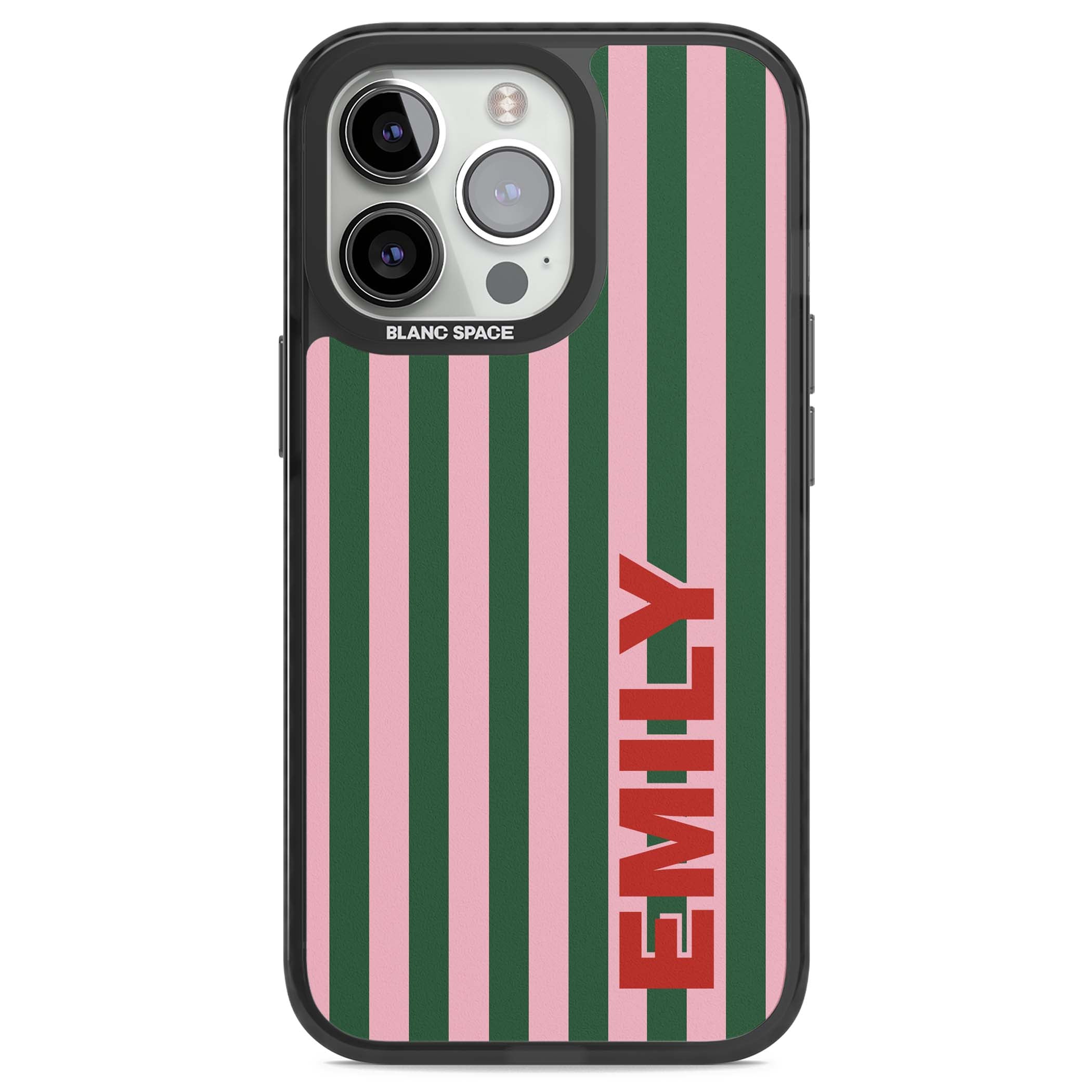 Italian Stripe preppy iPhone case featuring pink and green vertical stripes with personalised red name | Black Impact Magsafe case for iPhone 13 Pro, iPhone 14 Pro, iPhone 15 Pro