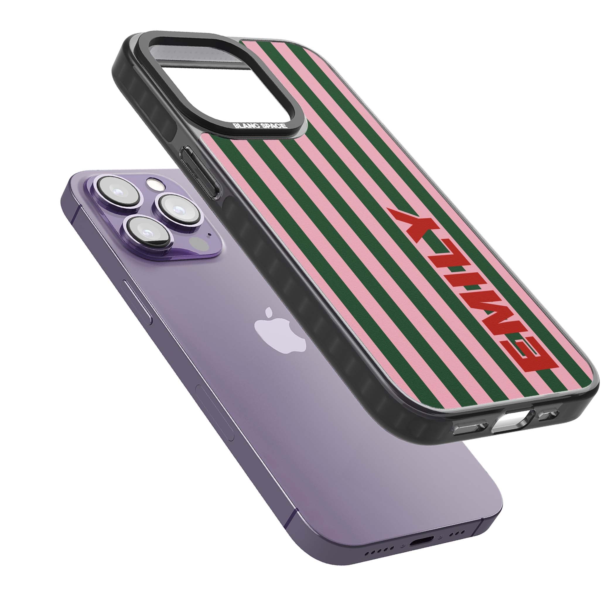 Italian Stripe preppy iPhone case featuring pink and green vertical stripes with personalised red name | Black Impact Magsafe case for iPhone 13 Pro, iPhone 14 Pro, iPhone 15 Pro