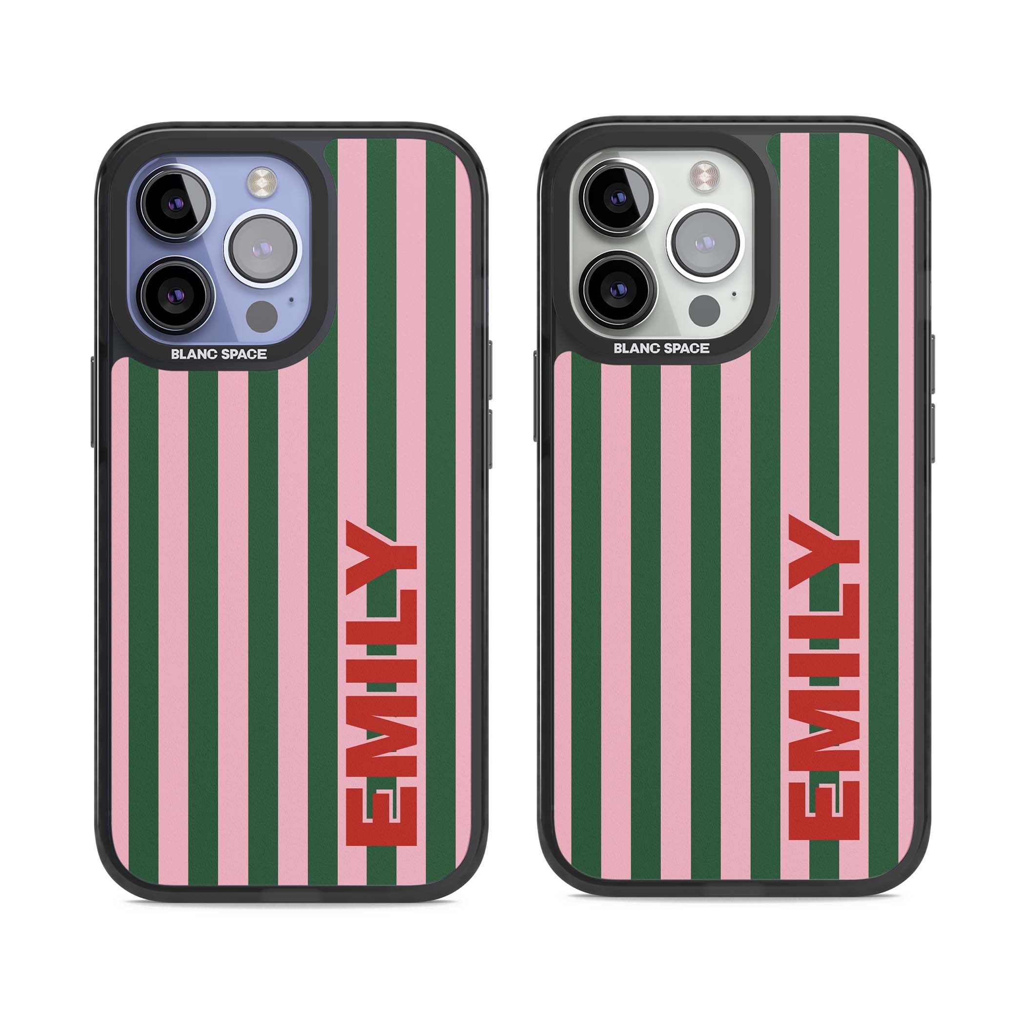 Italian Stripe preppy iPhone case featuring pink and green vertical stripes with personalised red name | Black Impact Magsafe case for iPhone 13 Pro, iPhone 14 Pro, iPhone 15 Pro