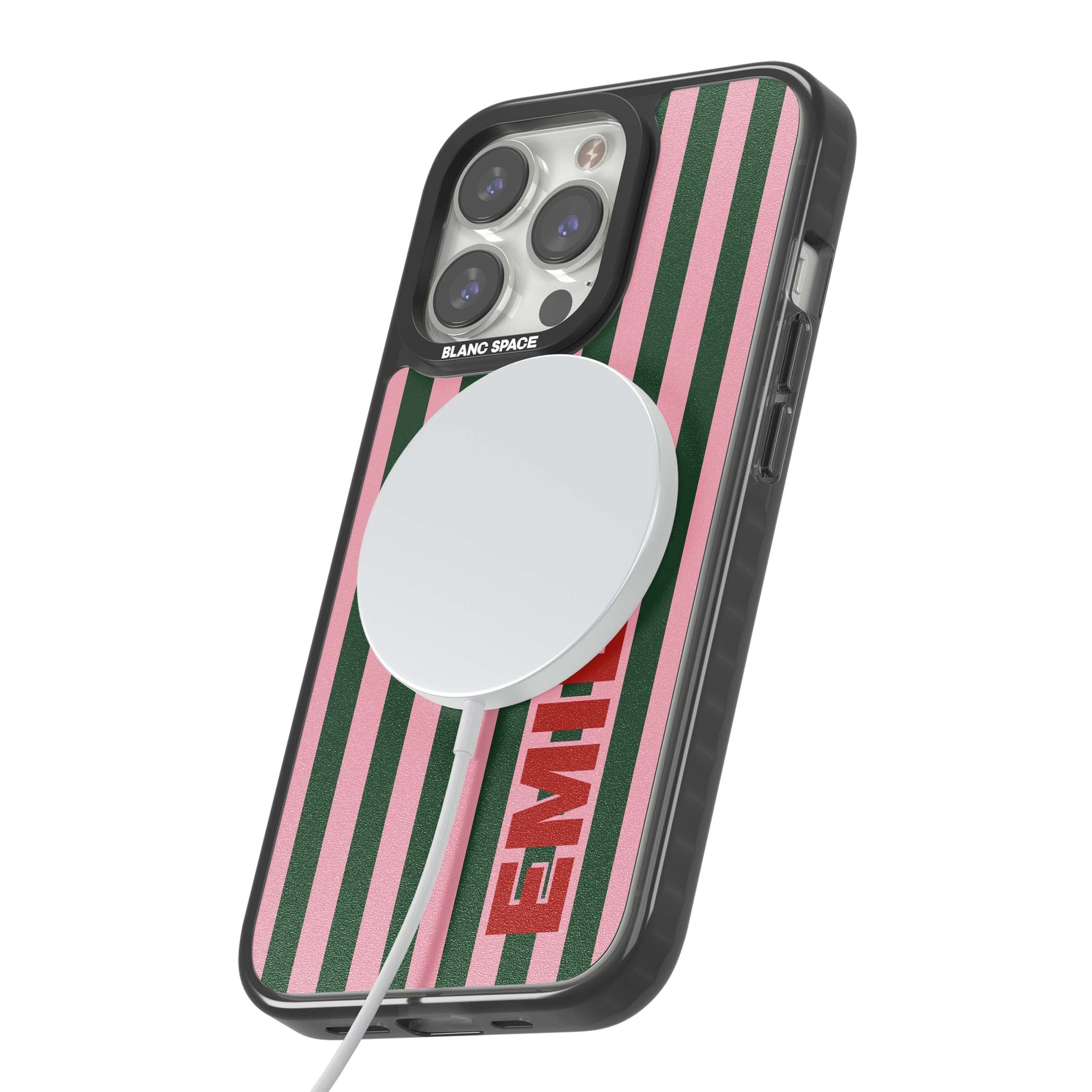 Italian Stripe preppy iPhone case featuring pink and green vertical stripes with personalised red name | Black Impact Magsafe case for iPhone 13 Pro, iPhone 14 Pro, iPhone 15 Pro